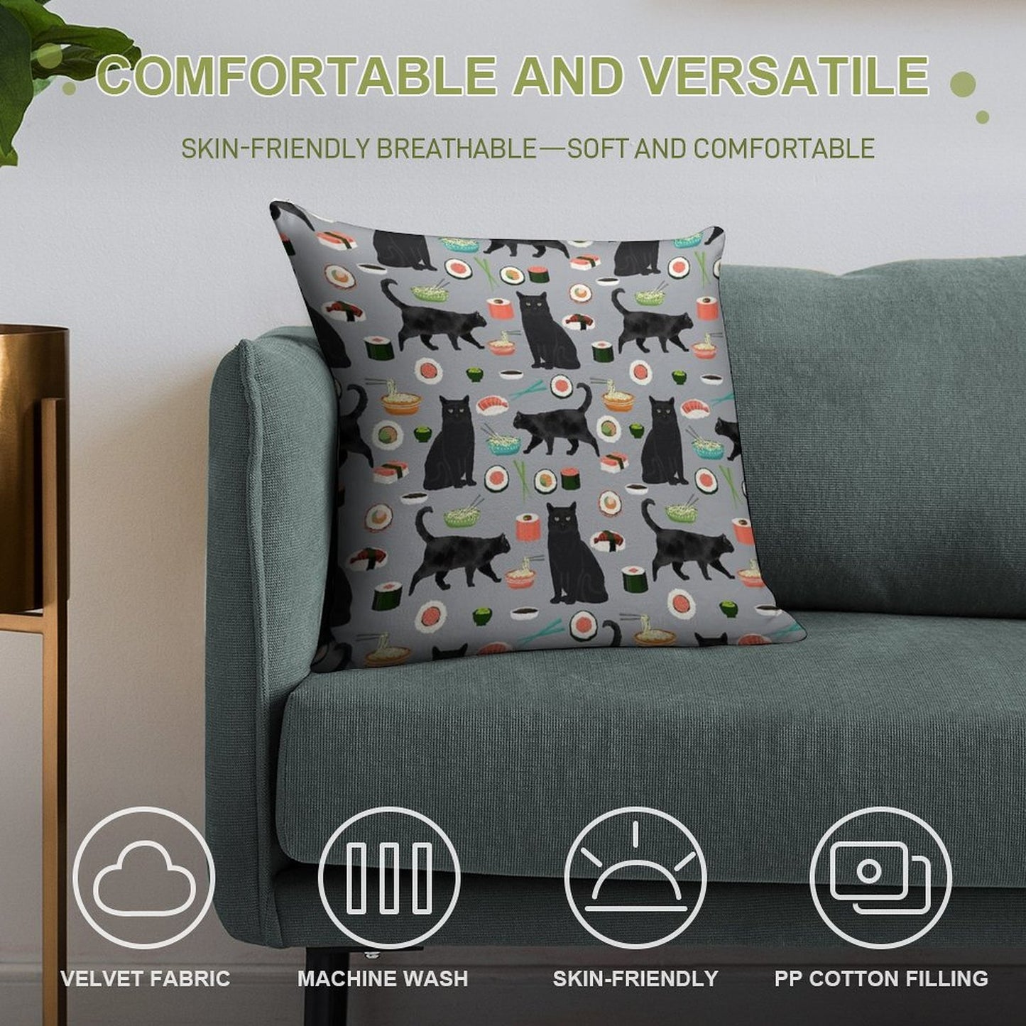 Black Cat Sushi Animal Gifts Soft Easy Maintenance Throw Pillow