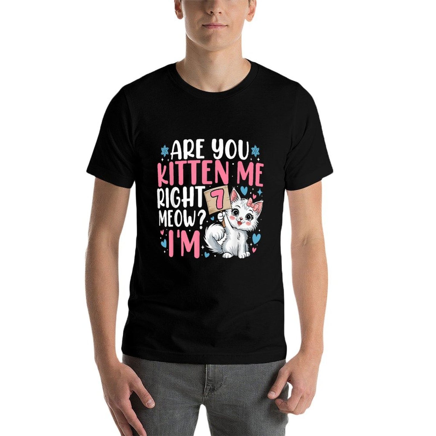 7th Birthday Girl 7yr Seven 7 Year Old Kitten Cat Bday Trendy Pattern T-Shirt