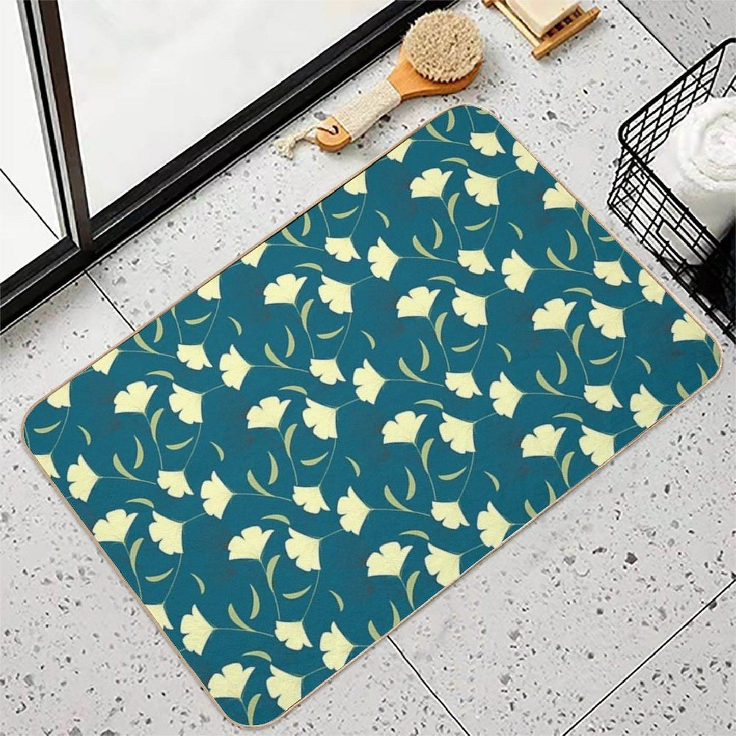 Teal Blue Floral Design Botanical Garden Rapid-Drying Bath Mat