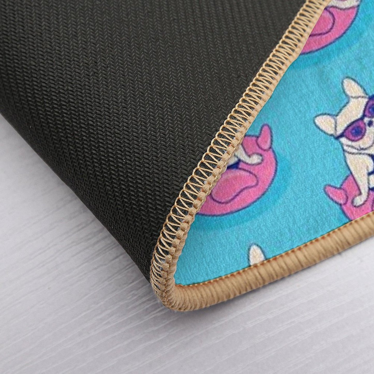 Frenchie Enjoys Summer on Flamingo Pool Float in Swimming Pool Dirt-Trapping Bath Mat
