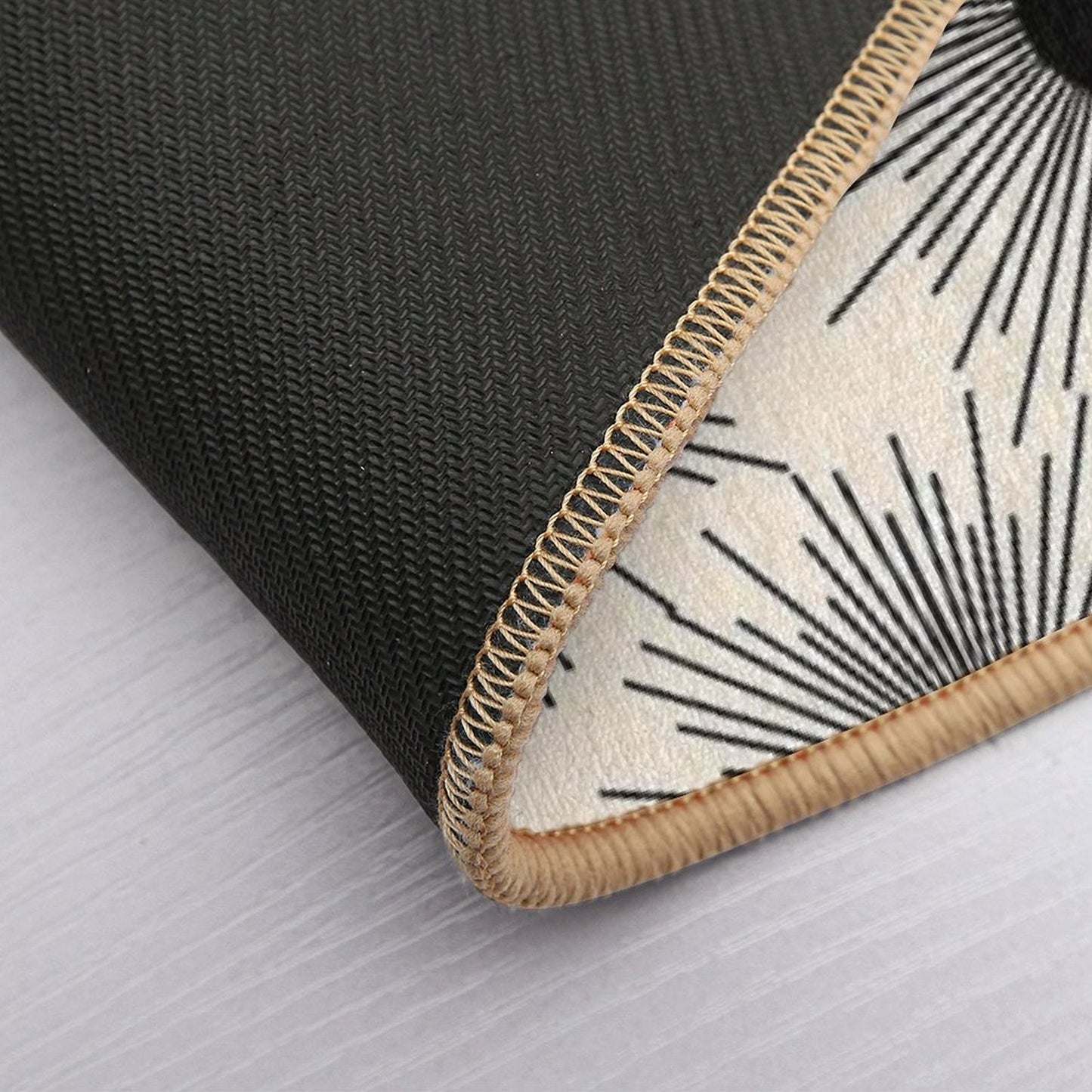 Sunburst Mid-Century Modern Sun Pattern in Black And Almond Cream Easy Maintenance Bath Mat