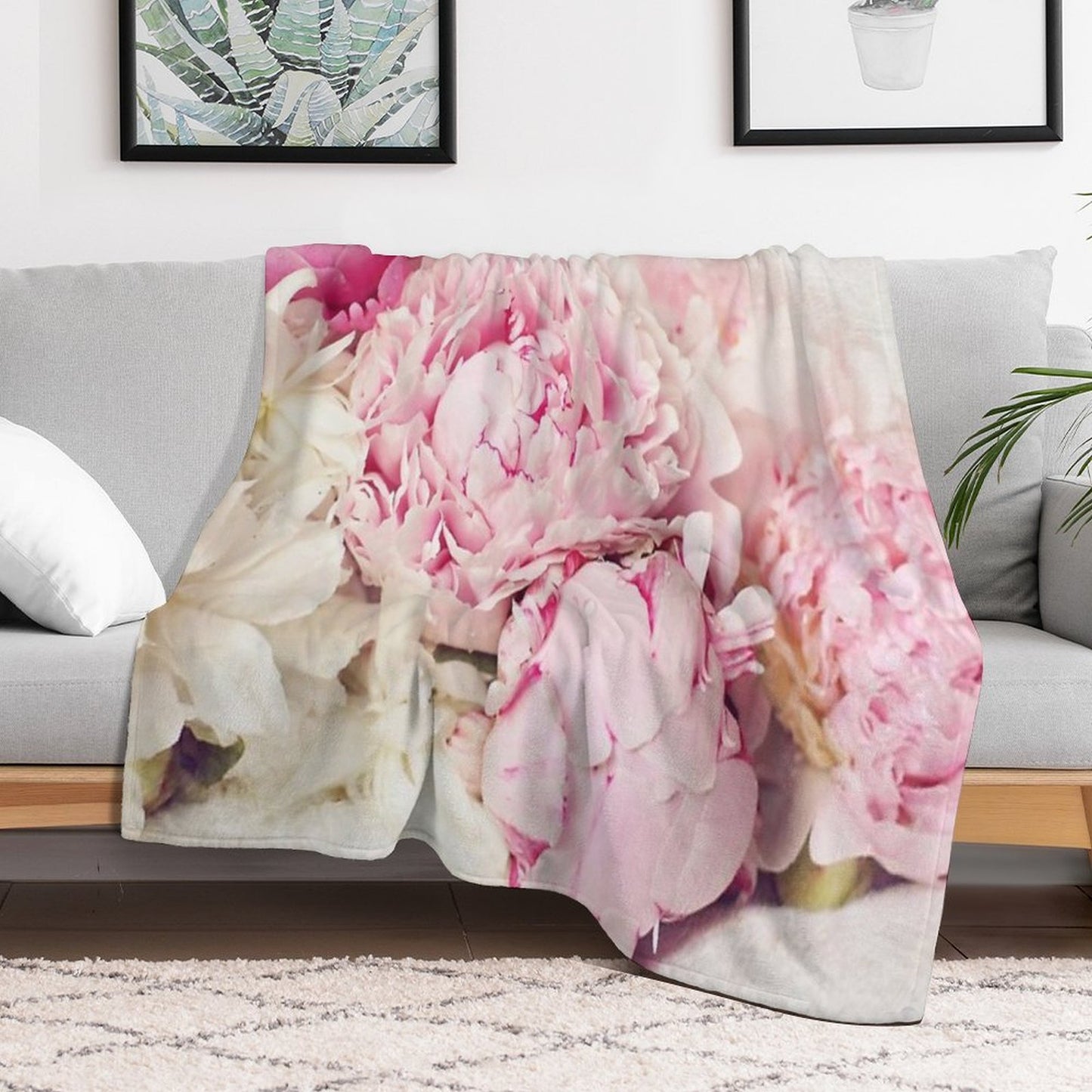 Peonies on White Shrink-resistant Throw Blanket