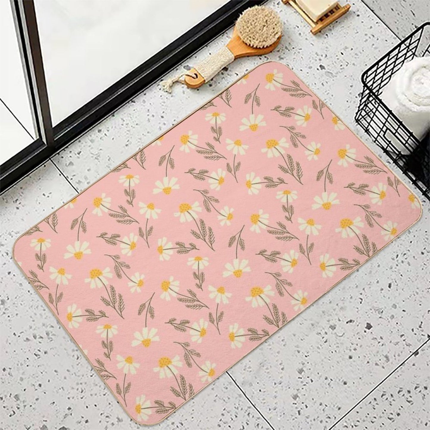 Chamomile Flowers on Pink Durable Bath Mat