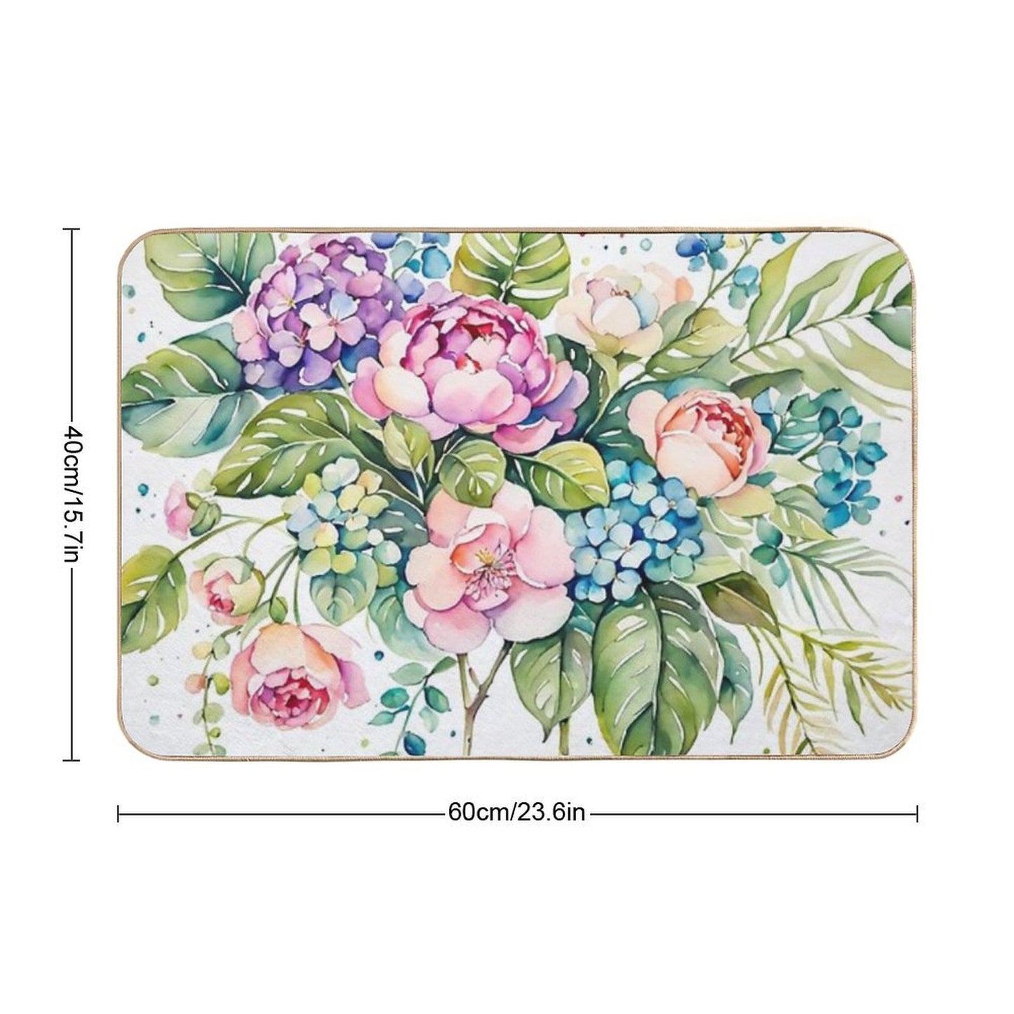 Beautiful Flower And Plant in Loose Watercolor Painting - Monstera Leaves- Blue Purple Peach Hydrangea, Hortensia, Peony And Ros Pet-Safe Bath Mat