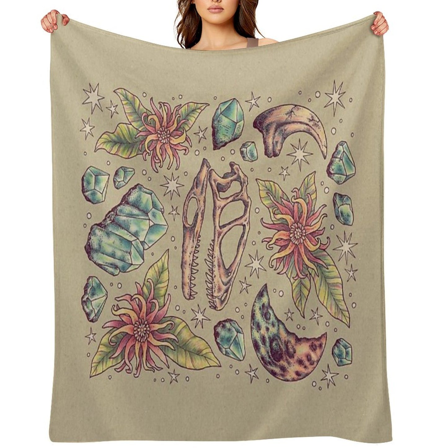 Deinonychus Dreams Dinosaur Botanical Art Gift-ready Throw Blanket