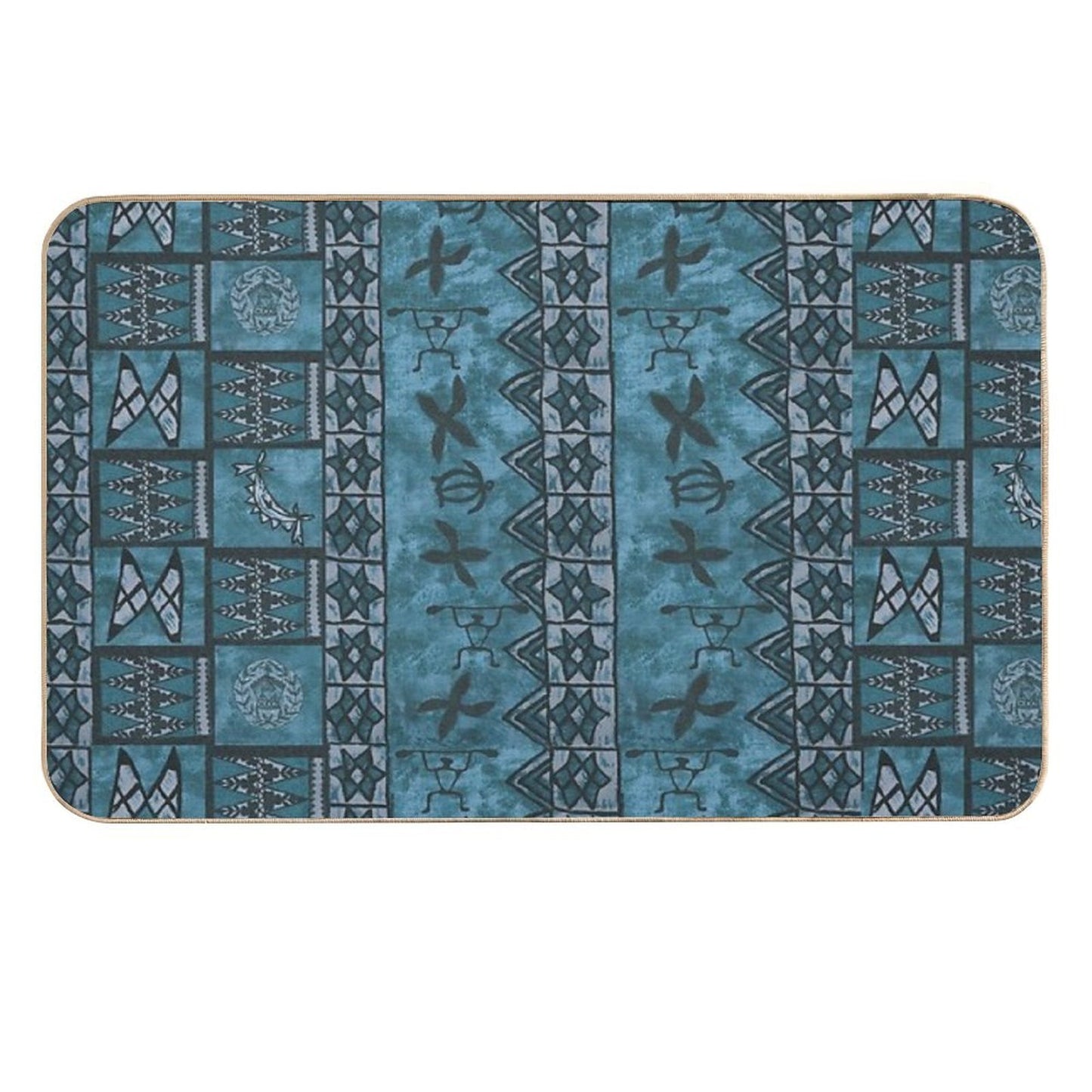 Vintage Hawaiian Tapa Ocean Blue High-Traffic Bath Mat