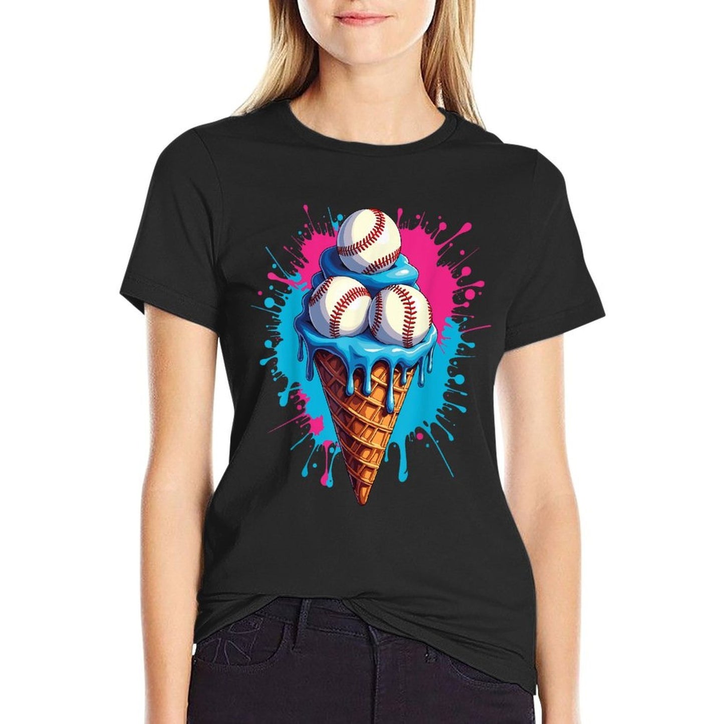 Baseball Ice Cream Funny Ice Cream Baseball Drip Watercolor Rolled Sleeves T-Shirt