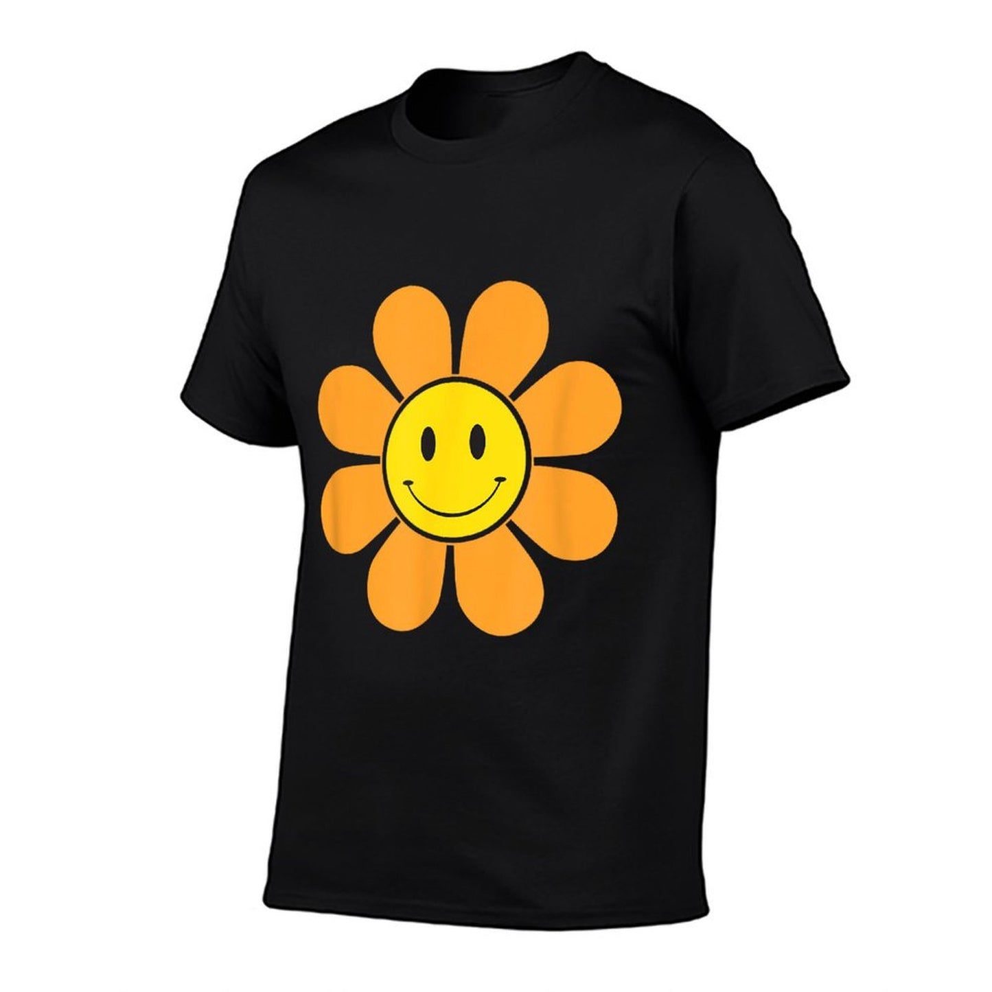 Orange 70s Retro Flower with A Yellow Smiling Face Summer Affordable Price T-Shirt