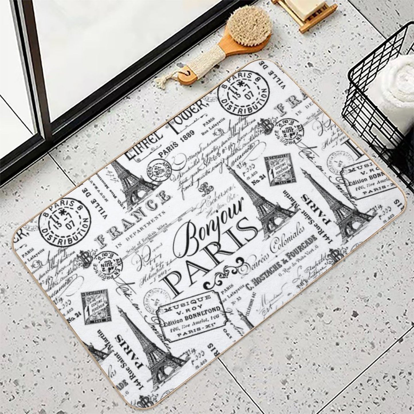 Vintage Paris Black And White Nostalgic Pattern Eco-Friendly Bath Mat