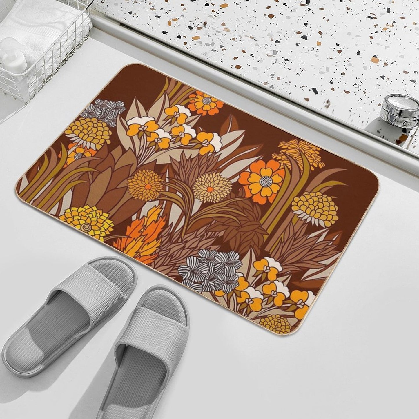 70s Retro Floral Garden, Hippie, Boho Repositionable Bath Mat