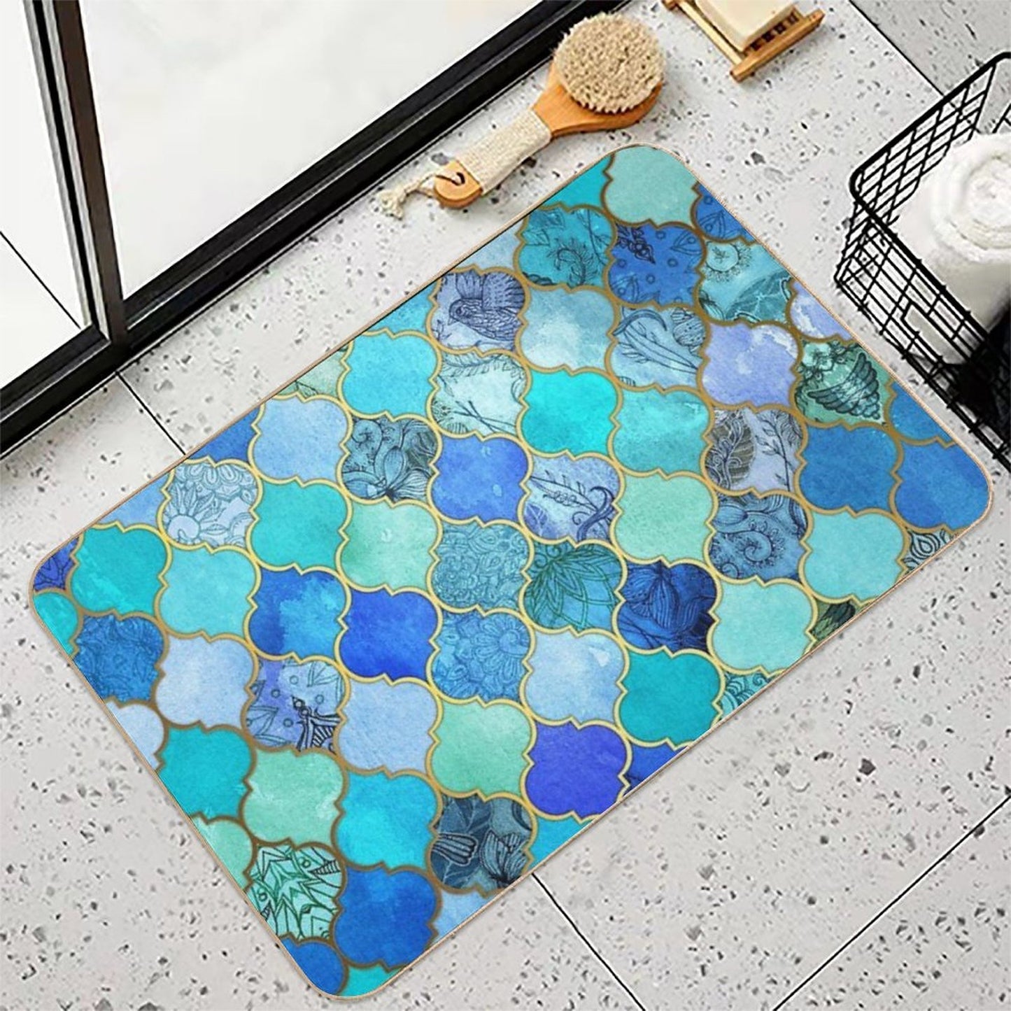 Cobalt Blue, Aqua & Gold Decorative Moroccan Tile Pattern Pet-Safe Bath Mat