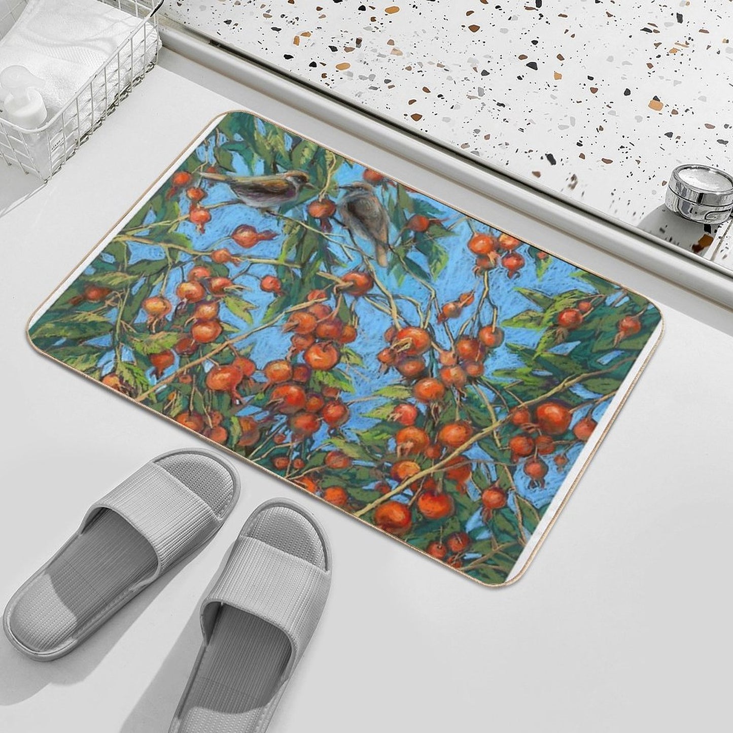 Sparrow Among In A Dog Rose Bush Versatile Bath Mat