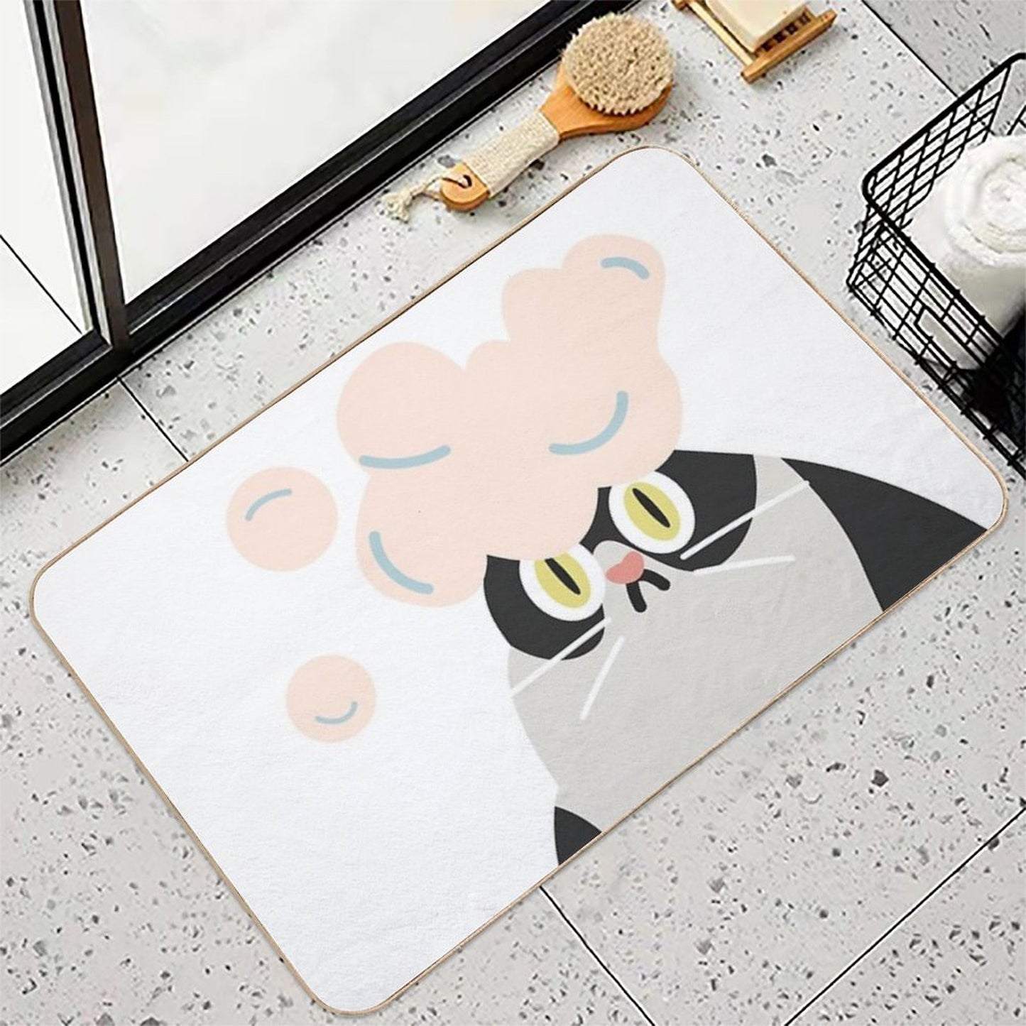 Funny Cat with Foam on Its Head Non-Slip Bath Mat