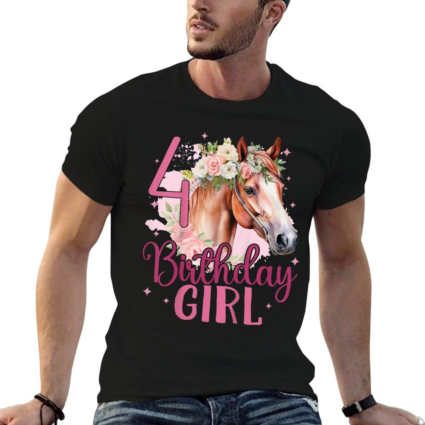 Kids 4th Birthday Horse Girl Fourth Birthday Girl 4 Years Old Summer-ready Fabric T-Shirt