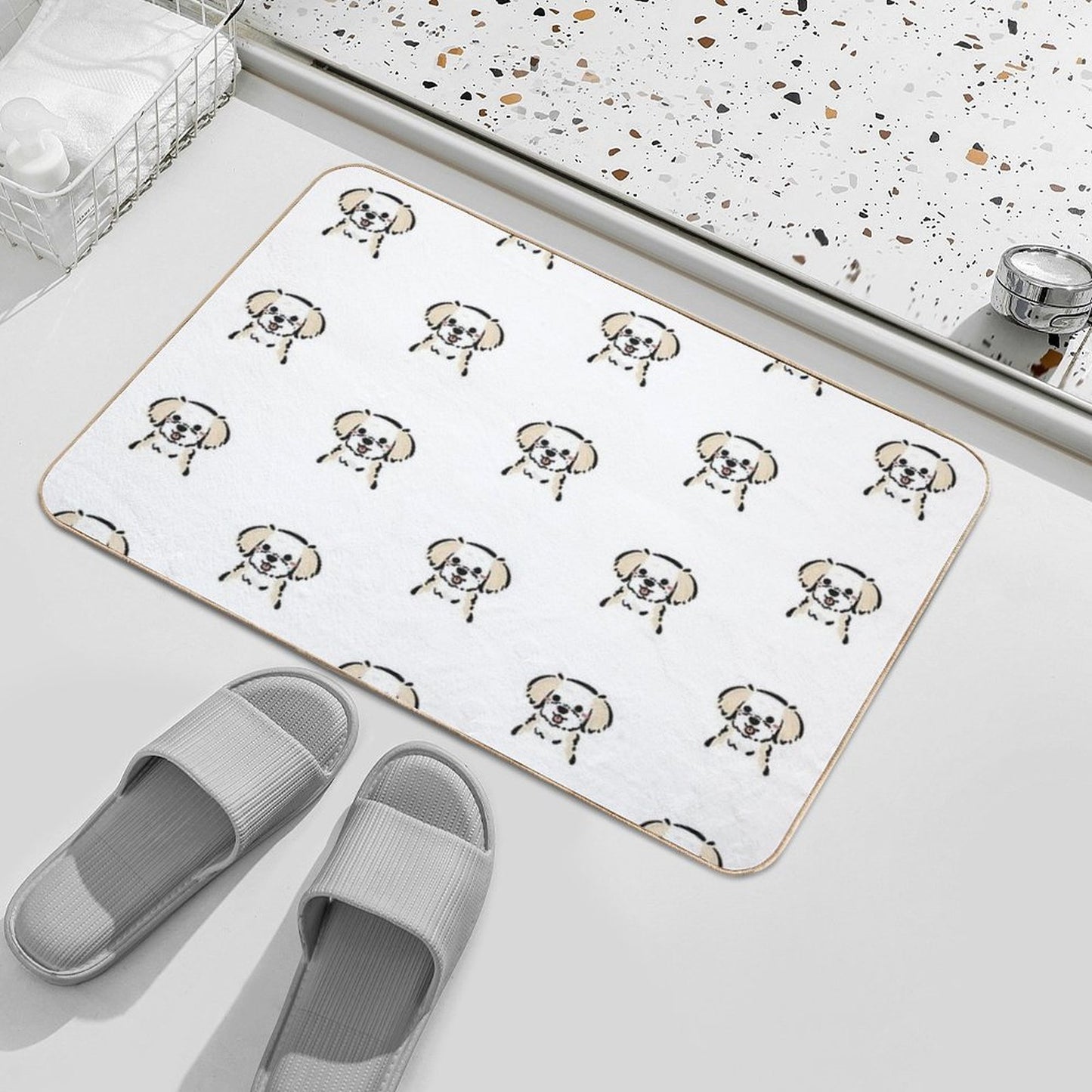 Cute Fluffy Dog Hand-Drawn Kawaii Dog Illustration in Pastel Style Dirt-Trapping Bath Mat