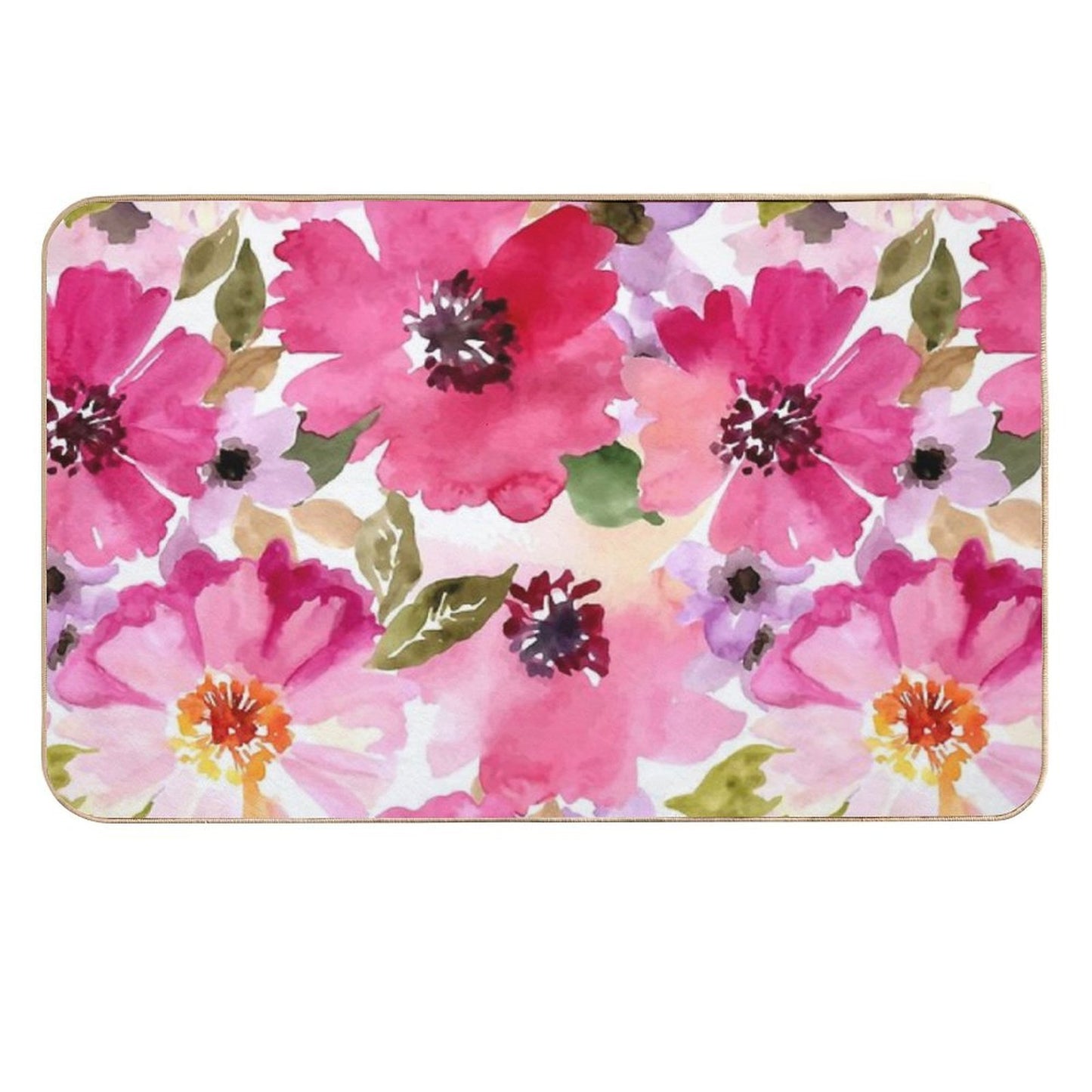 Watercolor Flowers Pink Fuchsia Fade-Resistant Bath Mat
