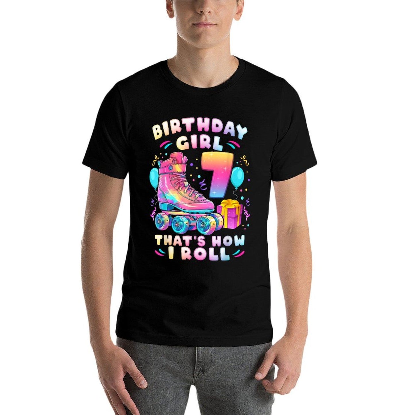 7th Birthday Girl 7 Years, Roller Skates, Number 7 Lightweight T-Shirt