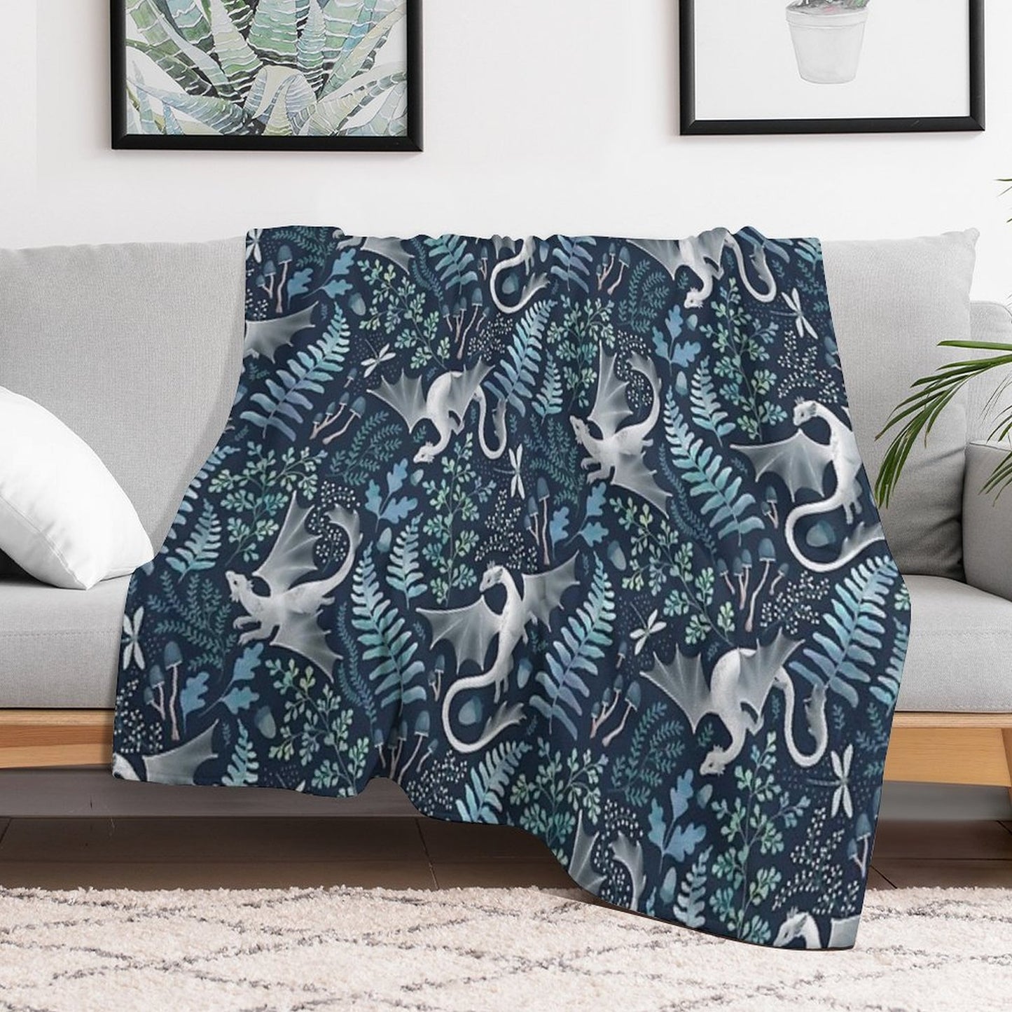 Forest Dragons in Shades of Blue And Green on Navy Blue Travel-friendly Throw Blanket