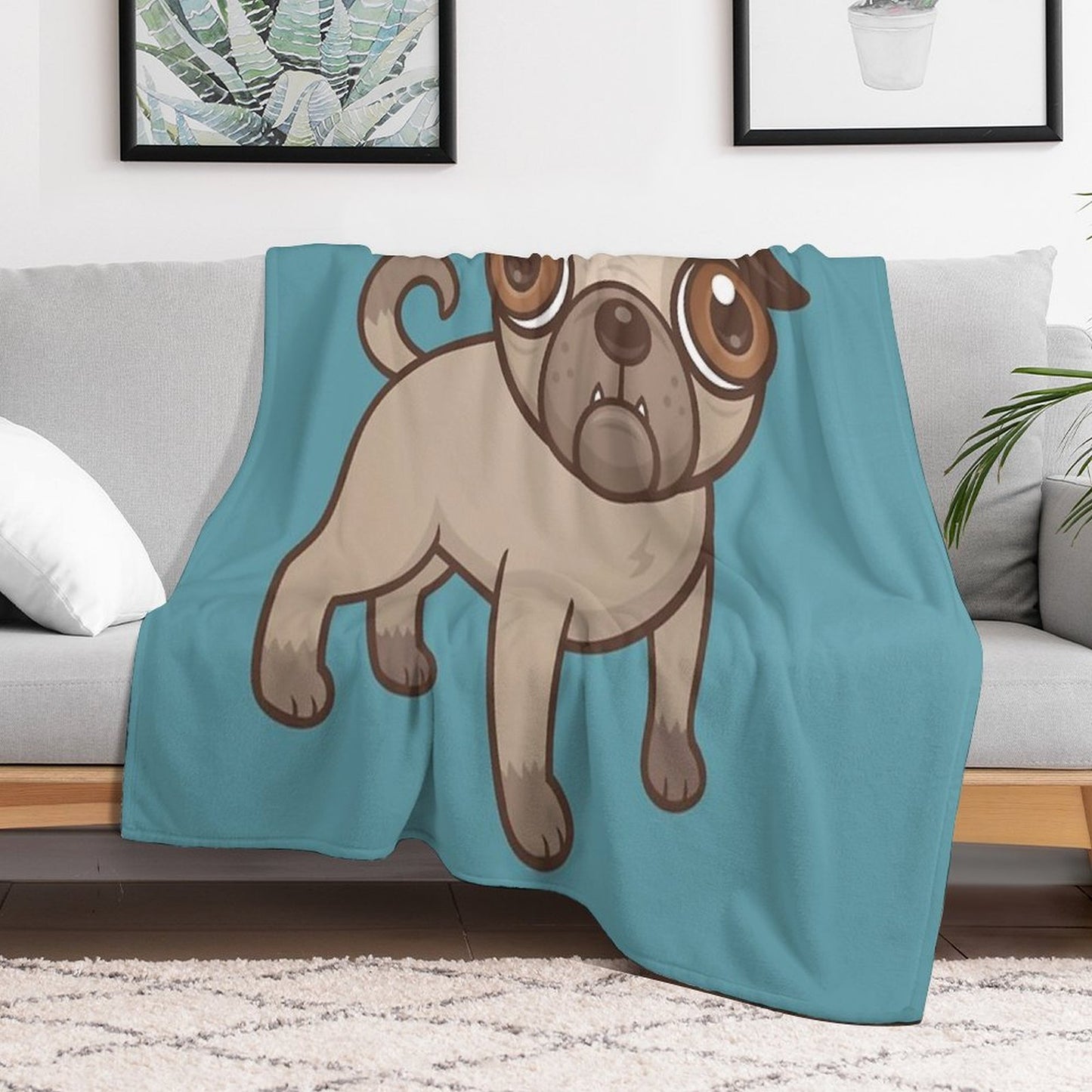 Pug Puppy Cartoon Sustainable Throw Blanket