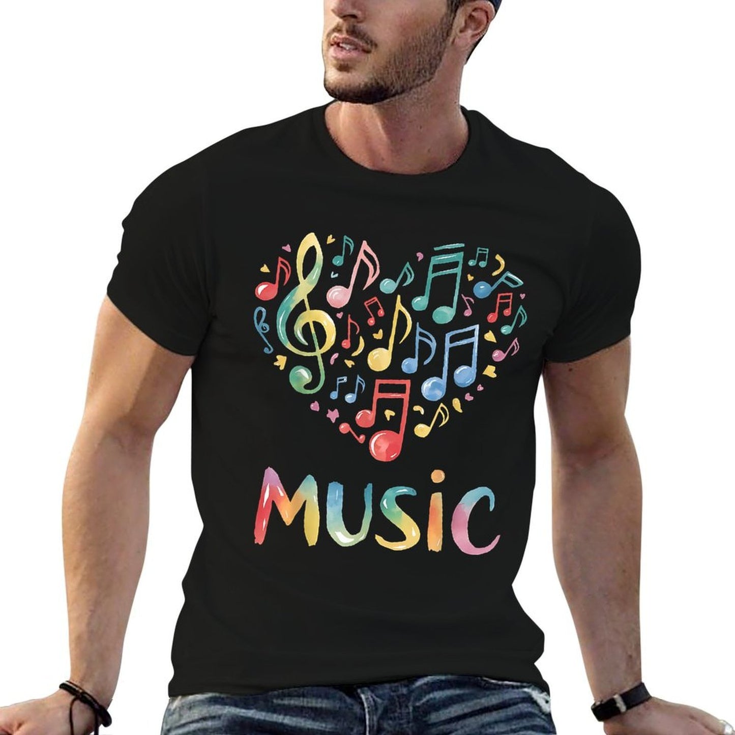 Music Lover Colorful Musical Notes Treble Clef Heart Rolled Sleeves T-Shirt