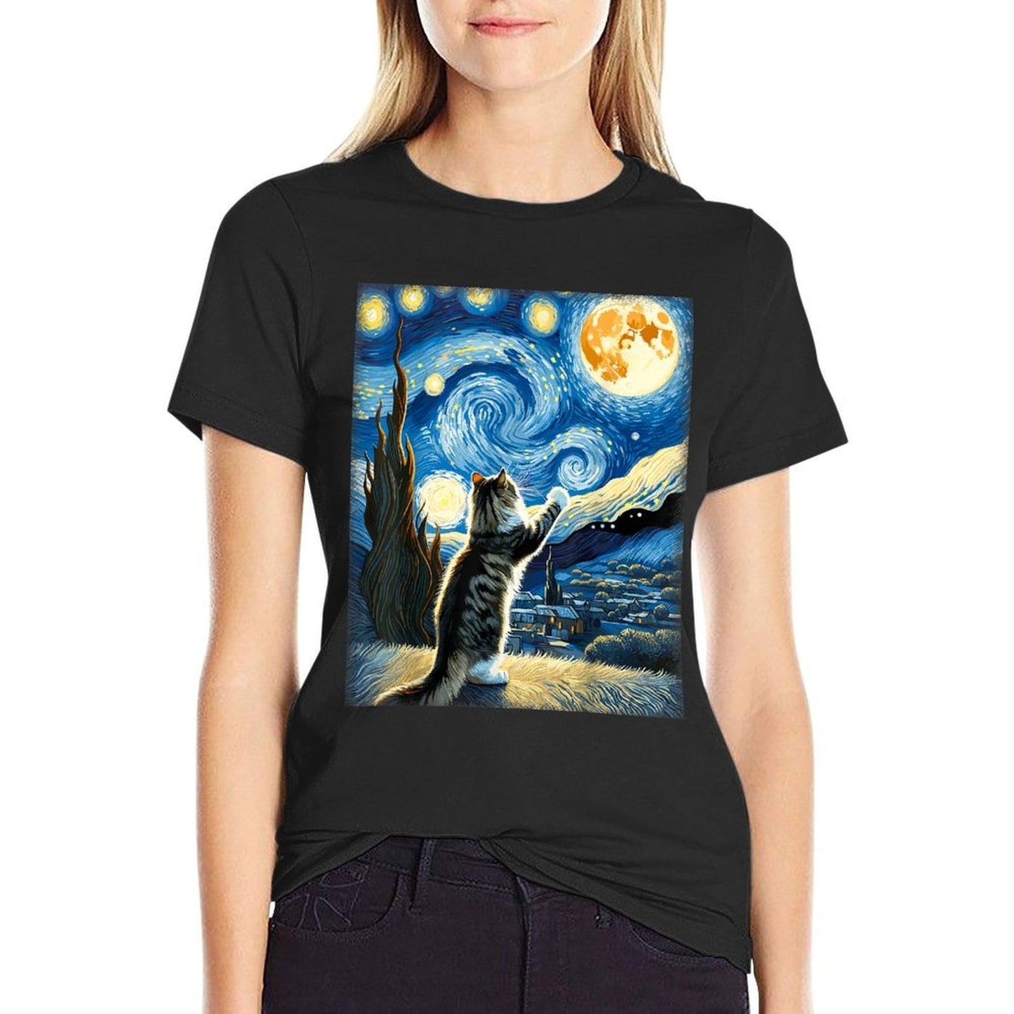Van Gogh Starry Night Style Artistic Norwegian Forest Cat Durable T-Shirt