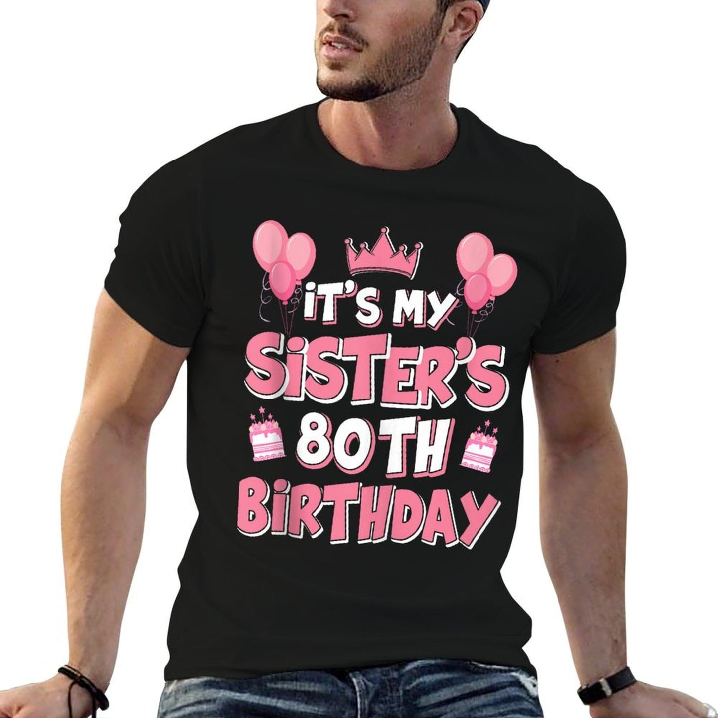 Balloons It's My Sister's 80th Birthday 1945 80 Years Old Ribbed Collar T-Shirt