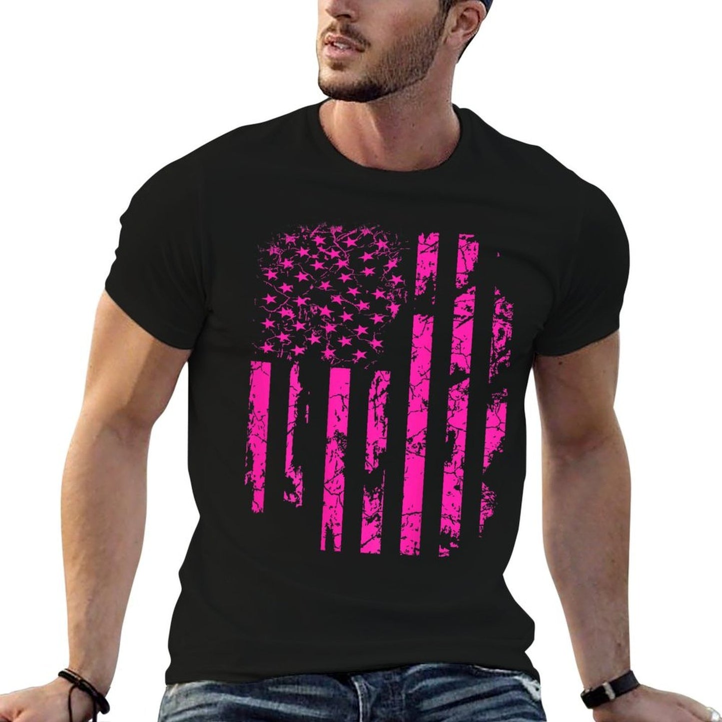 Pink Distressed USA Cotton T-Shirt