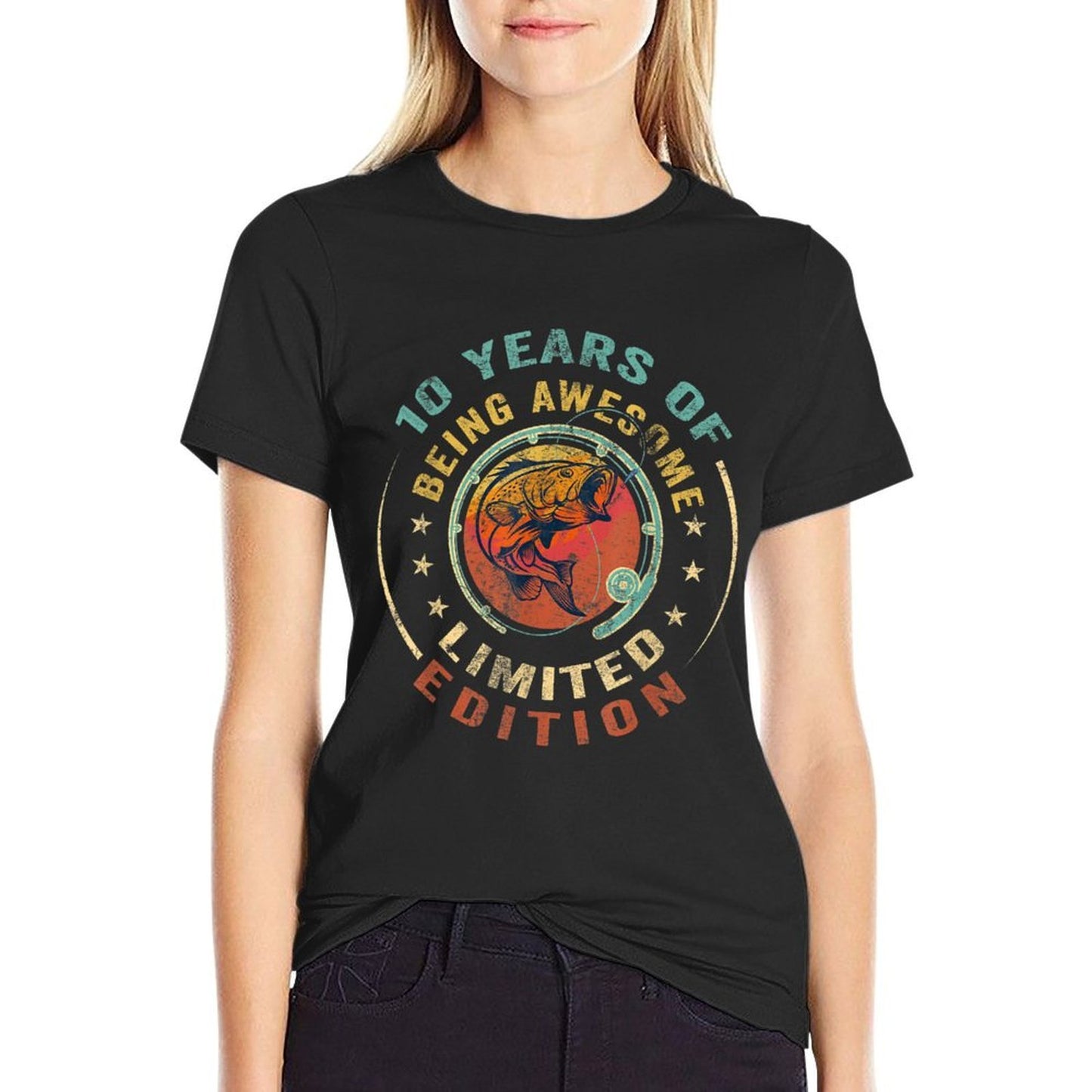 Turning 10 10 Year Old Birthday 10th Birthday Fishing Rolled Sleeves T-Shirt