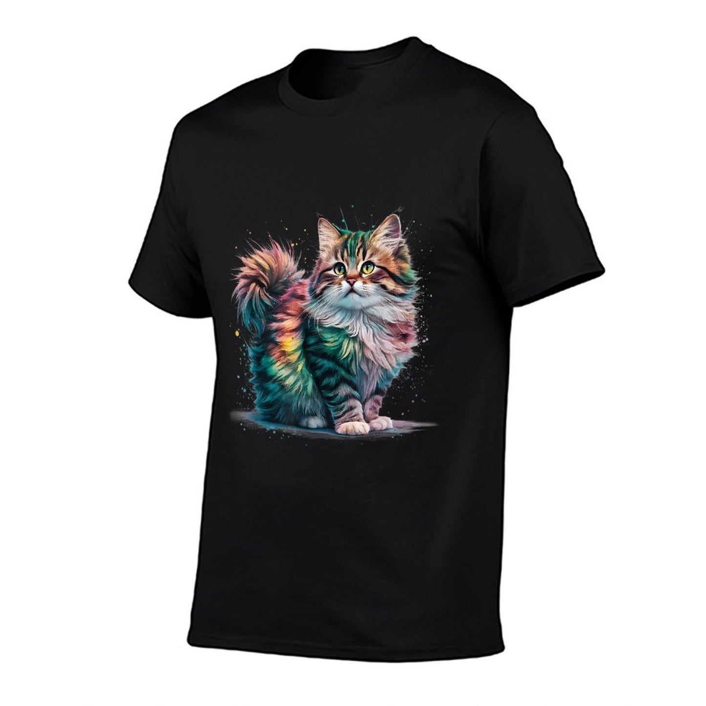 Cat Men Women Colourful Watercolour Cat  Ribbed Collar T-Shirt