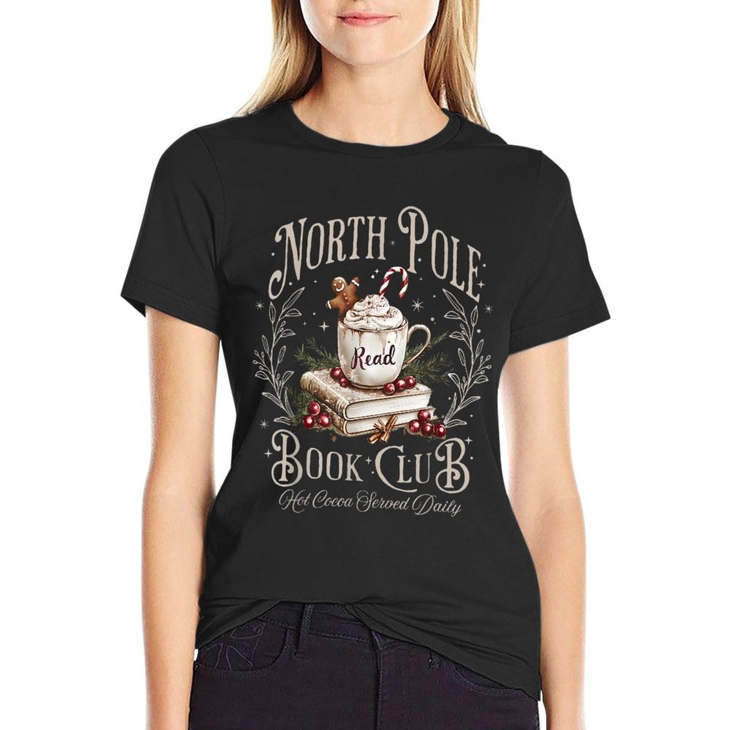 All Booked for Christmas Coquette Xmas Book Club Book Lovers Ribbed Collar T-Shirt