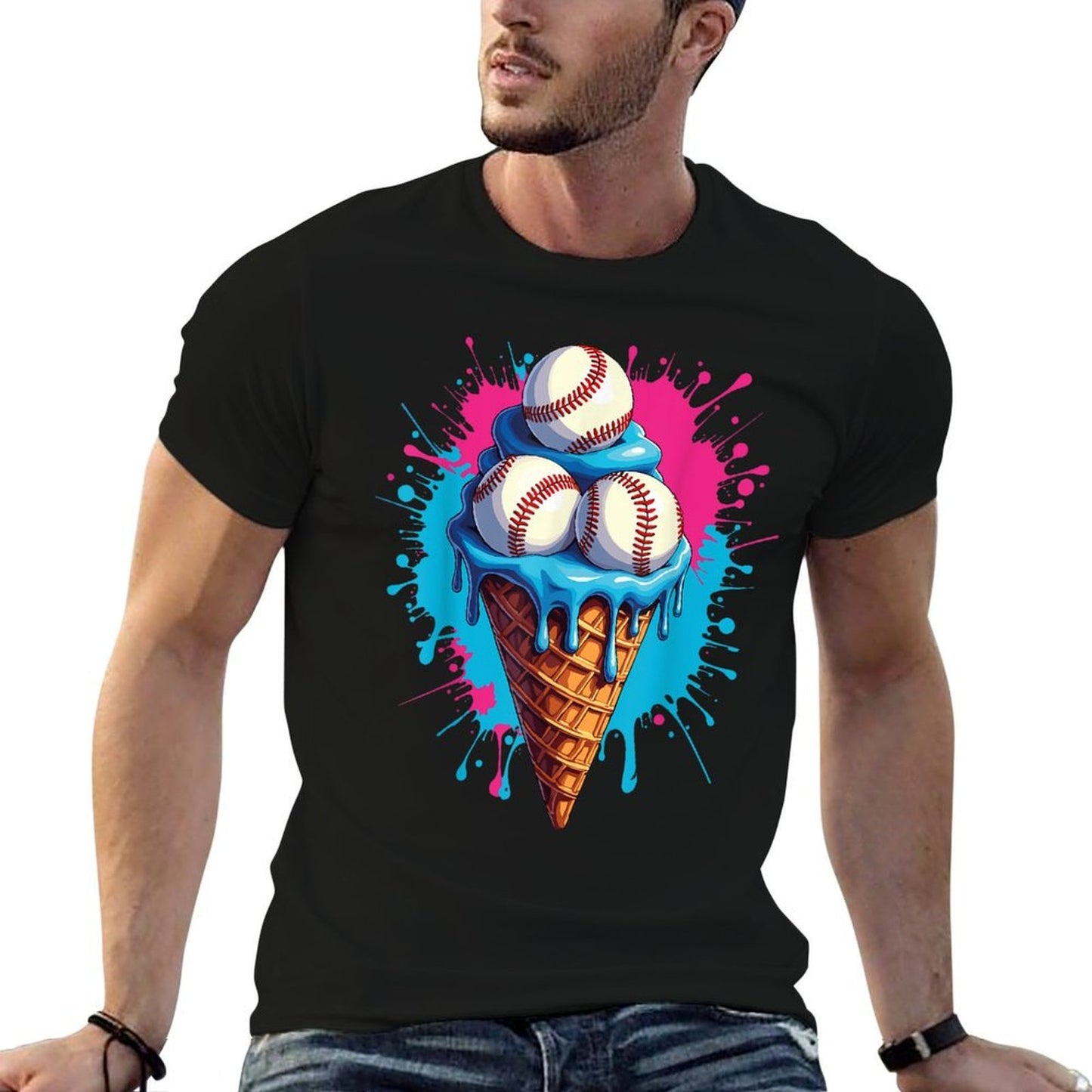 Baseball Ice Cream Funny Ice Cream Baseball Drip Watercolor Rolled Sleeves T-Shirt