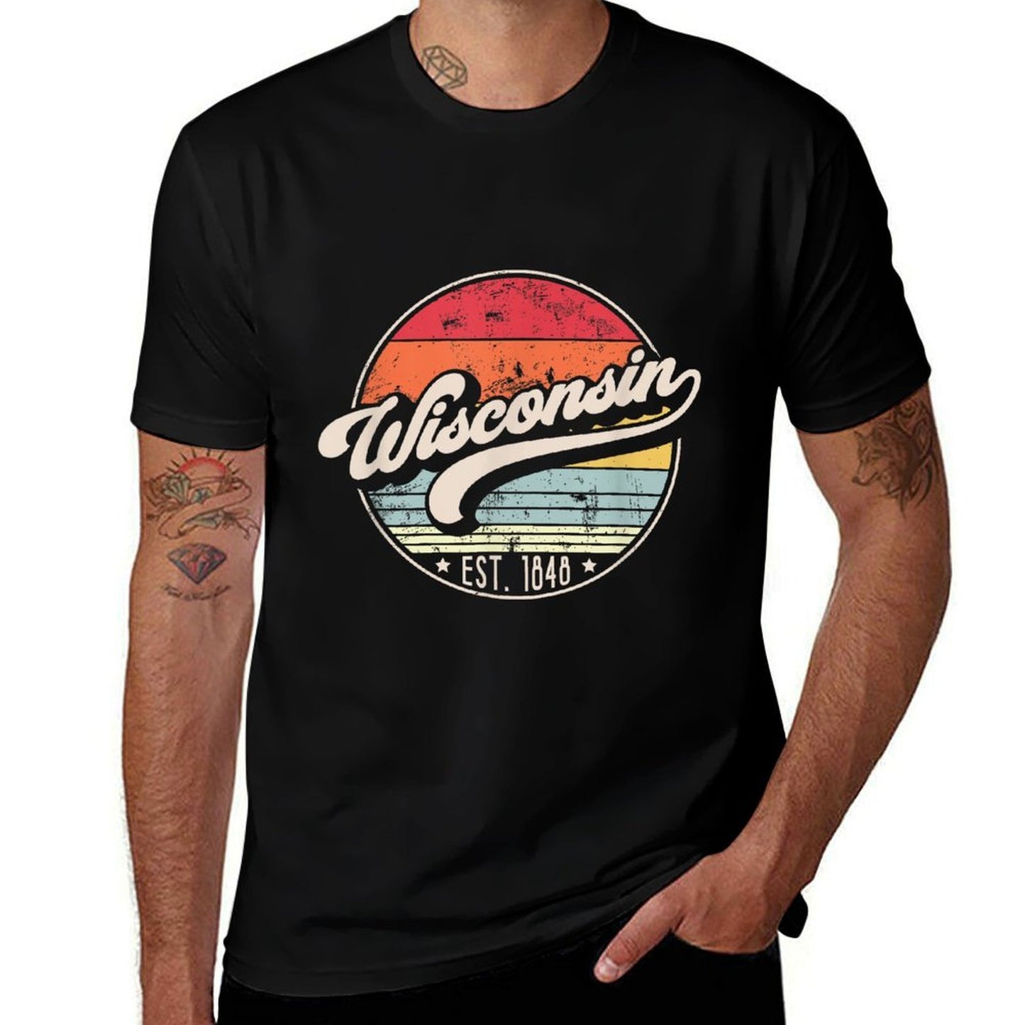 Retro Wisconsin Home State WI Cool 70s Style Sunset  Cotton T-Shirt