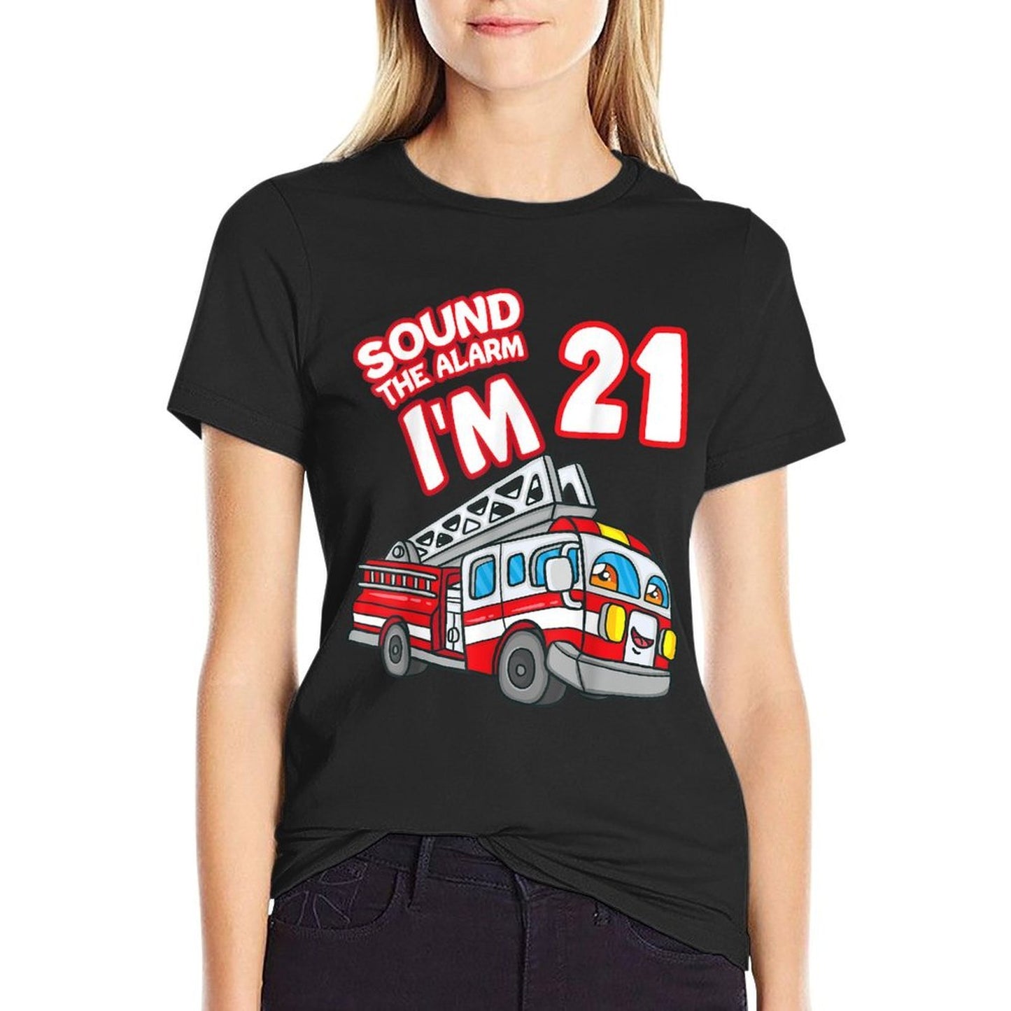 Sound The Alarm I'm 21 Fire Engine Firefighter 21st Birthday  Polyester Blend T-Shirt