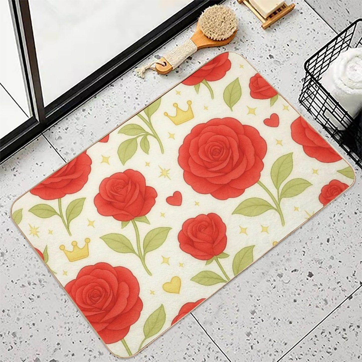 Royal Bloom – Elegant Rose Pattern (Red) Himekari Collection Slip-Resistant Bath Mat
