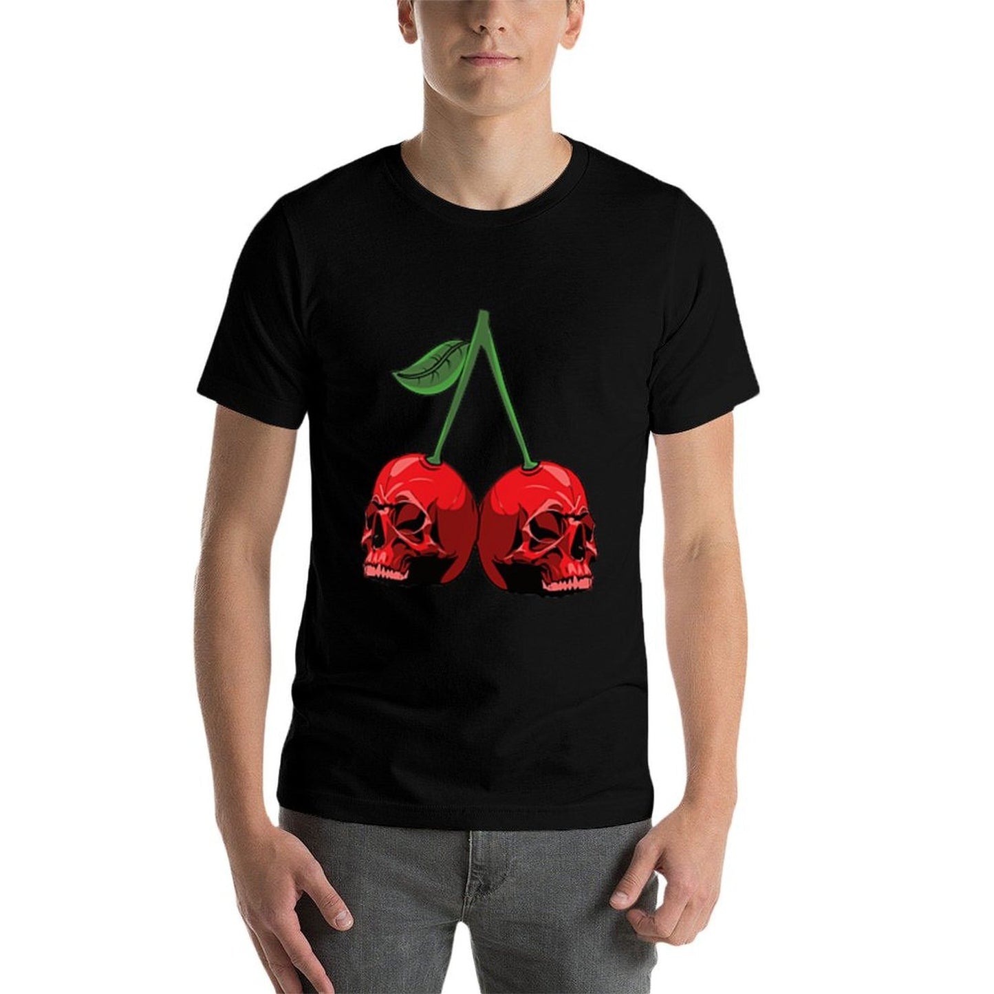Cute Cherry Skull Emblem Scary Red Skulls Black Background Soft T-Shirt