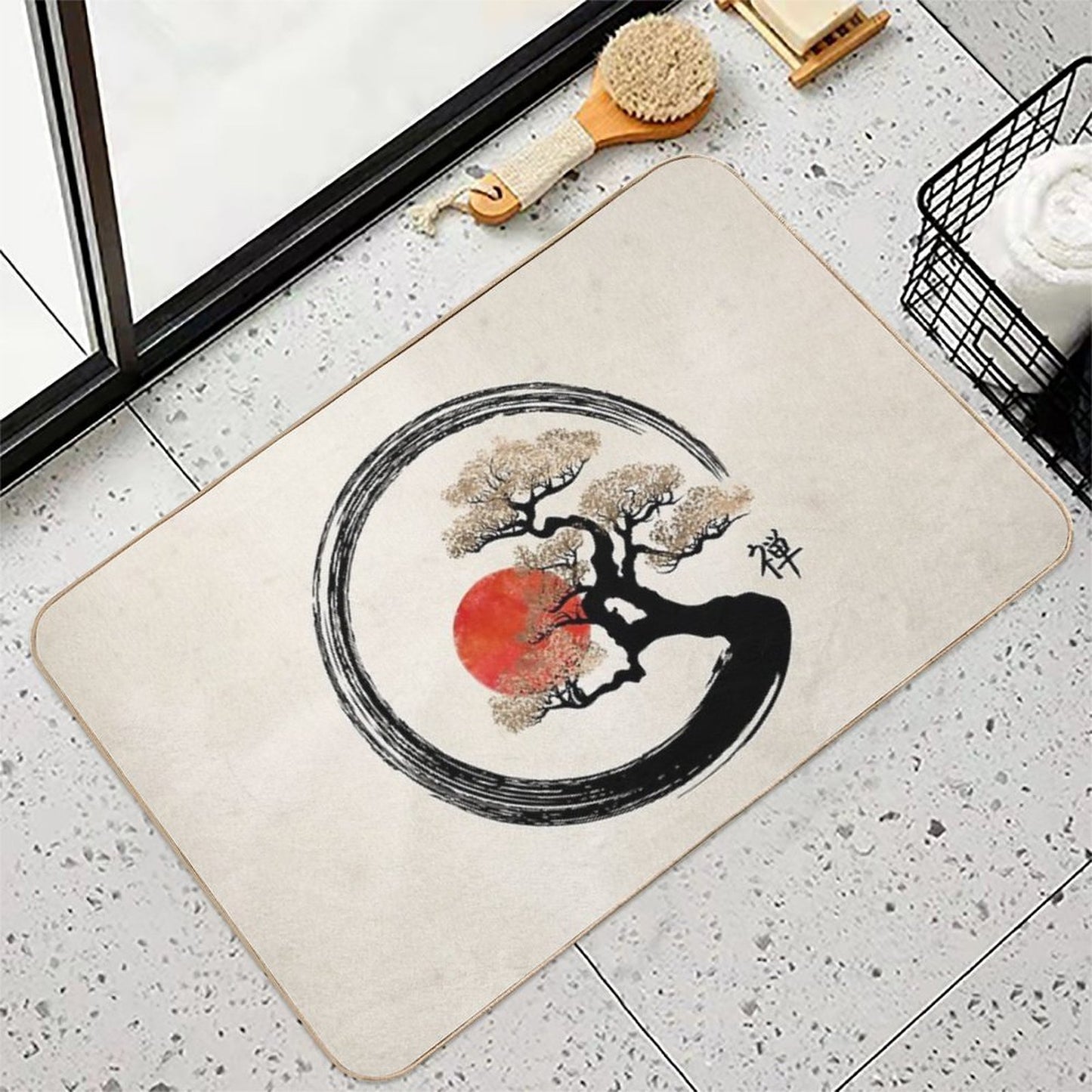 Enso Circle And Bonsai Tree on Canvas  Fade-Resistant Bath Mat