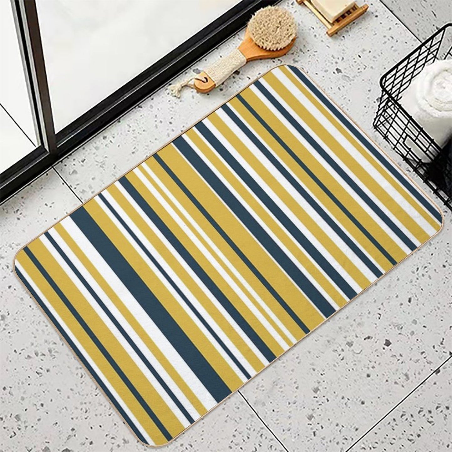 Mustard Yellow Navy Blue And White Stripes Minimalist Color Block Pattern Durable Bath Mat