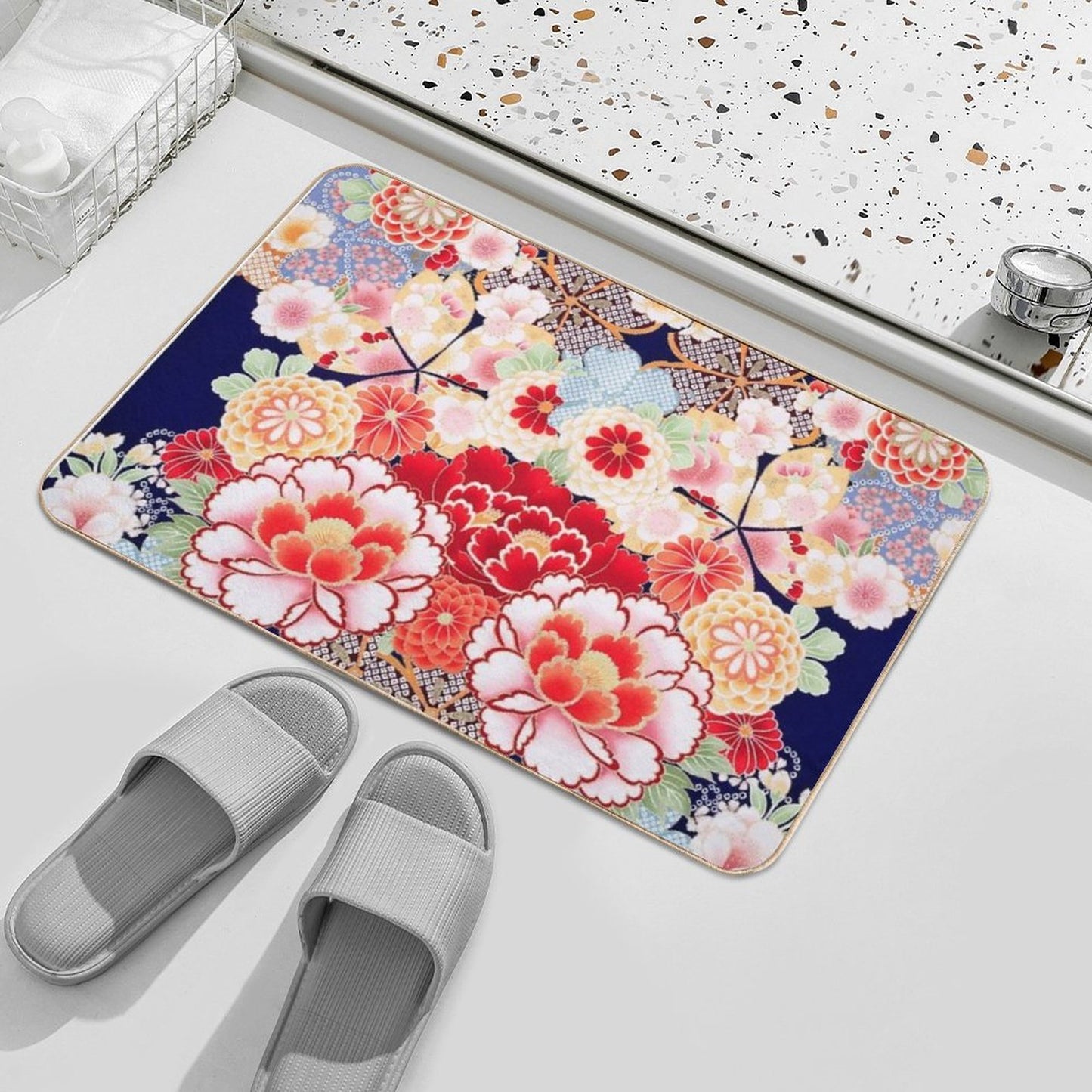ANTIQUE JAPANESE FLOWERS Pink White Wild Roses Kimono Style Floral Long-Lasting Bath Mat