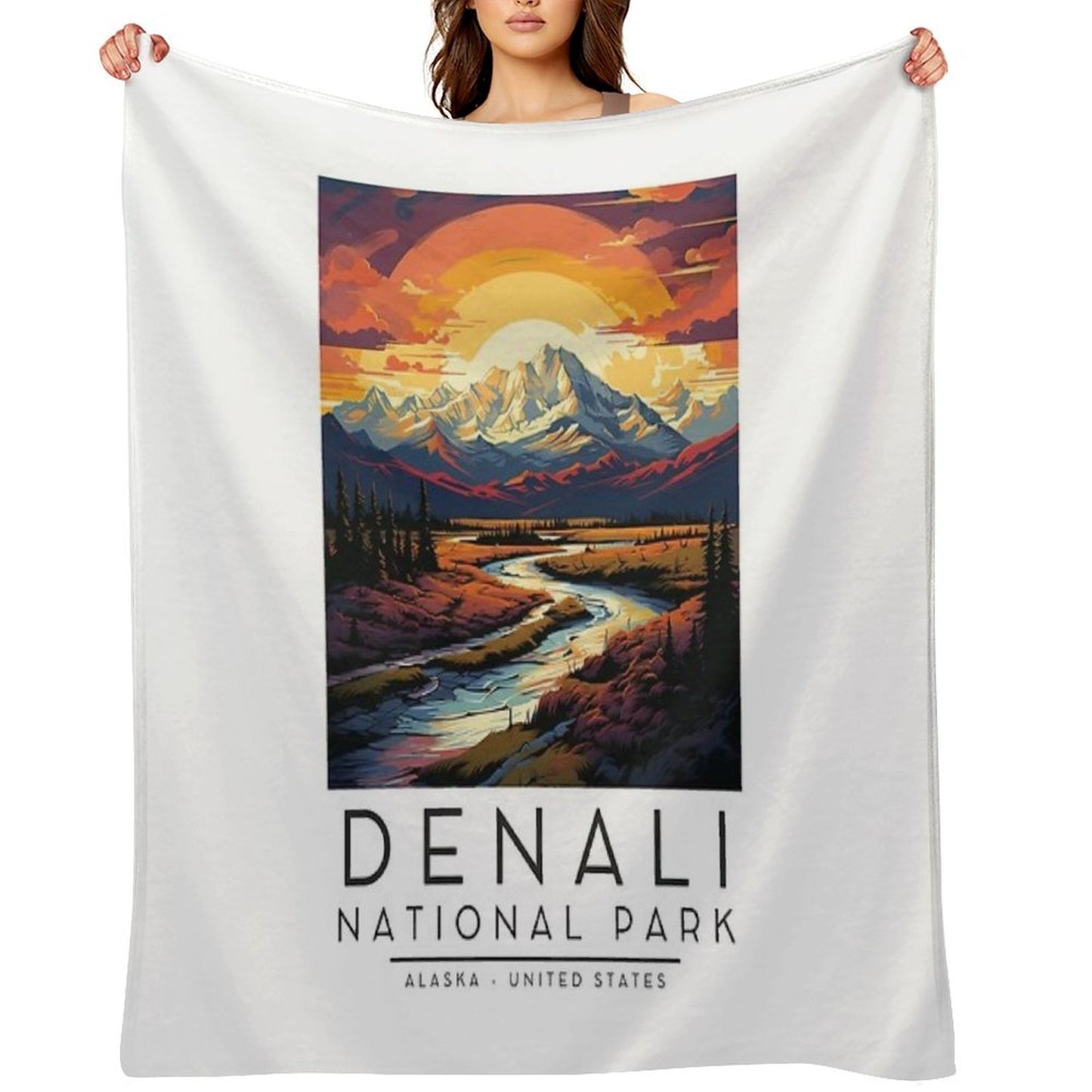 A Vintage Illustration of Denali National Park - Alaska - United States Plush Throw Blanket
