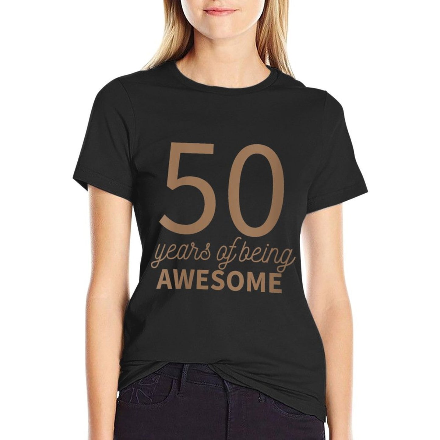 Womens 50th Birthday Gift Idea For Her 50 Years Of Being Awesome Ribbed Collar T-Shirt