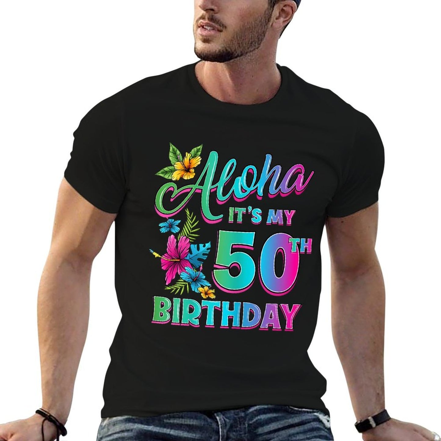 50th Birthday Aloha Hawaii Hibiscus Flower Hawaiian Theme Oversized Silhouette T-Shirt