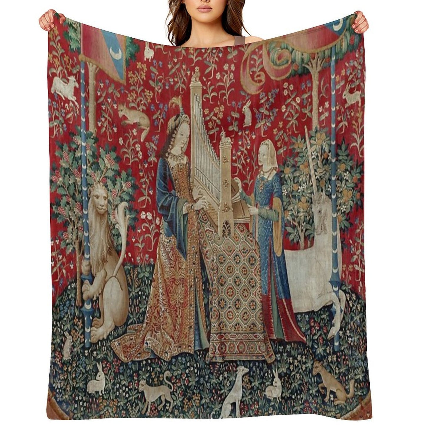 Lady And Unicorn Medieval Tapestry Five Senses - Hearing Eco-conscious Throw Blanket