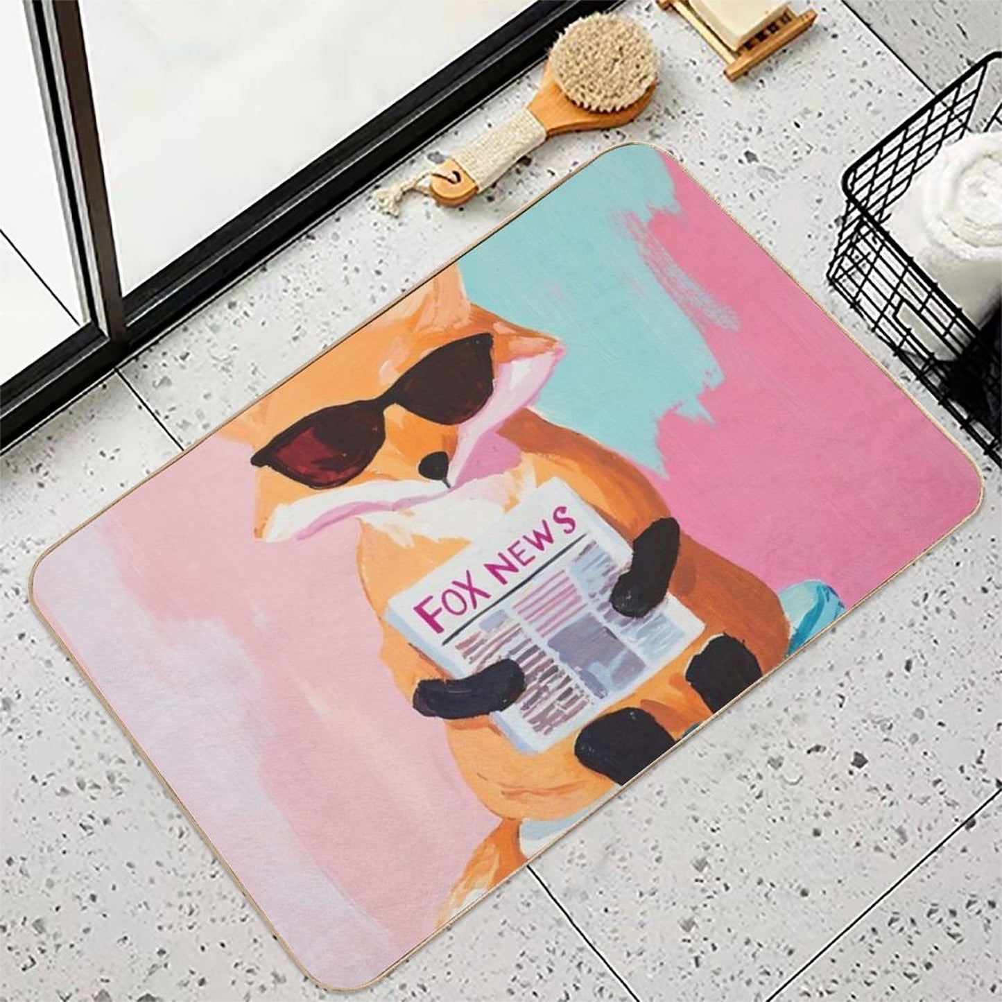 Reading Fox on Toilet – Funny Retro Animal Bathroom Wall Art Pet-Safe Bath Mat