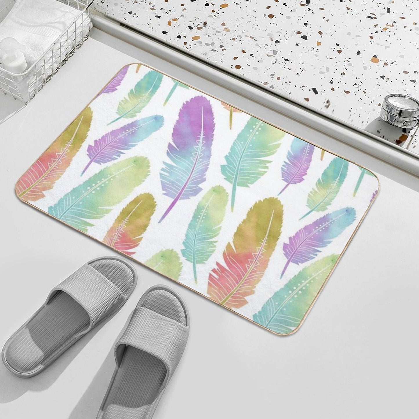Boho Feather Pattern Watercolor Rainbow Non-Slip Bath Mat