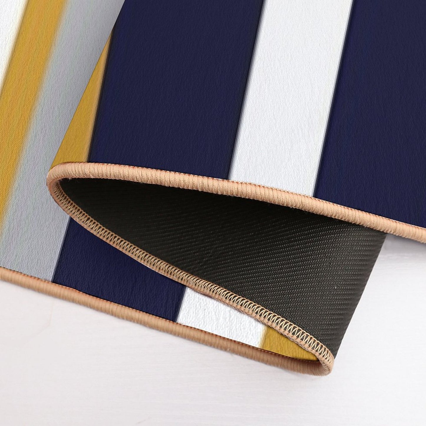 Modern Stripes Vertical Pattern in Honey Mustard Yellow, Dark Navy Blue, Gray, And White. Minimalist Color Block Pet-Safe Bath Mat