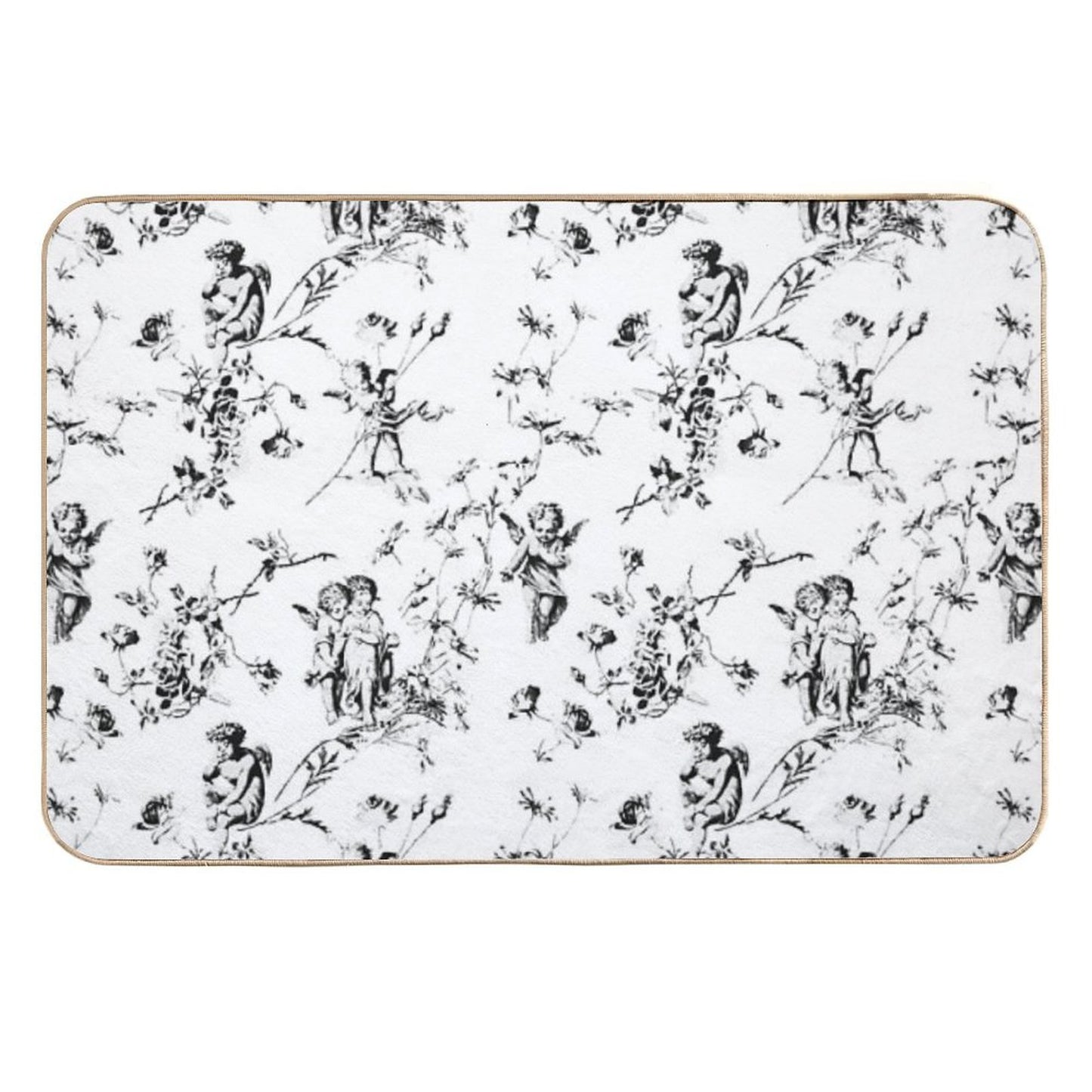 Modern Vintage Cupid Angels Black White Floral Toile High-Traffic Bath Mat