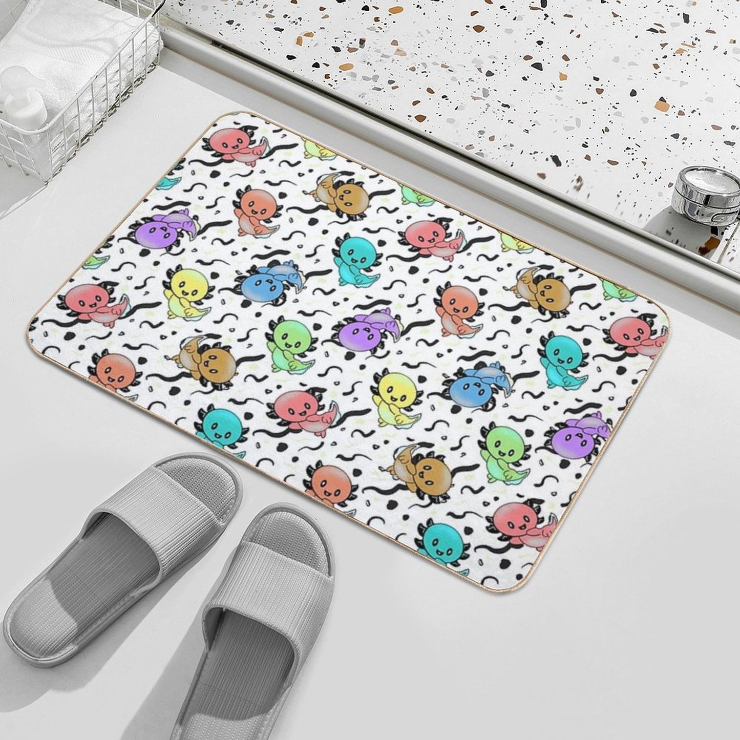Axolotl Party in Rainbow Colors on Black And White Non-Slip Bath Mat