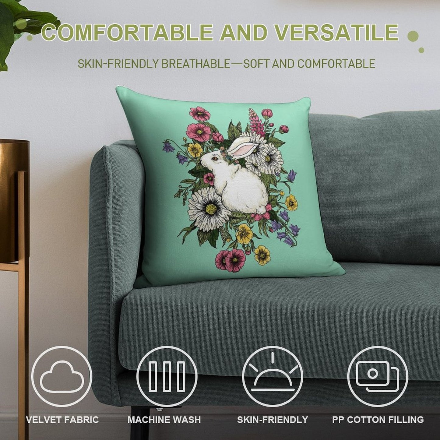 Rabbit in Flowers Soft Ultra-Soft Texture Throw Pillow