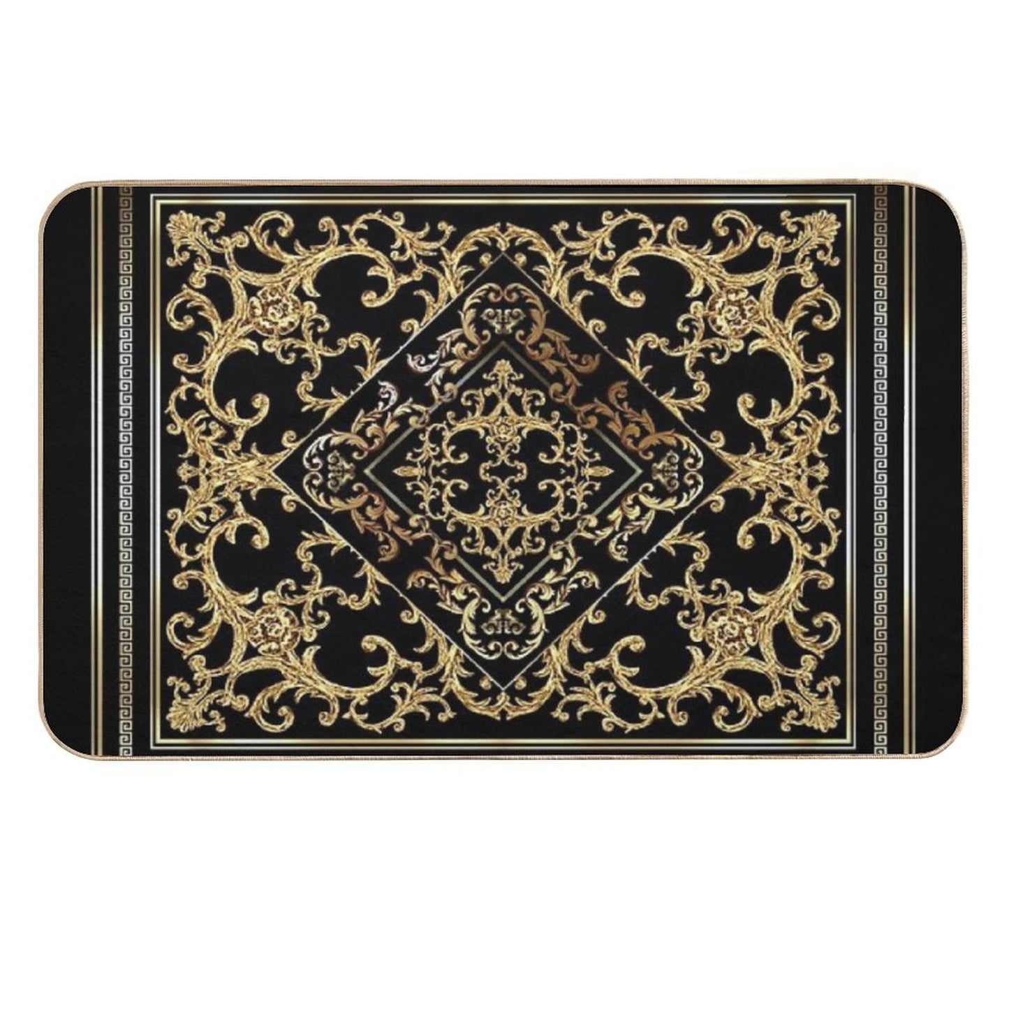 Greek Key Diamond Ornate Baroque Black Gold Absorbent Bath Mat