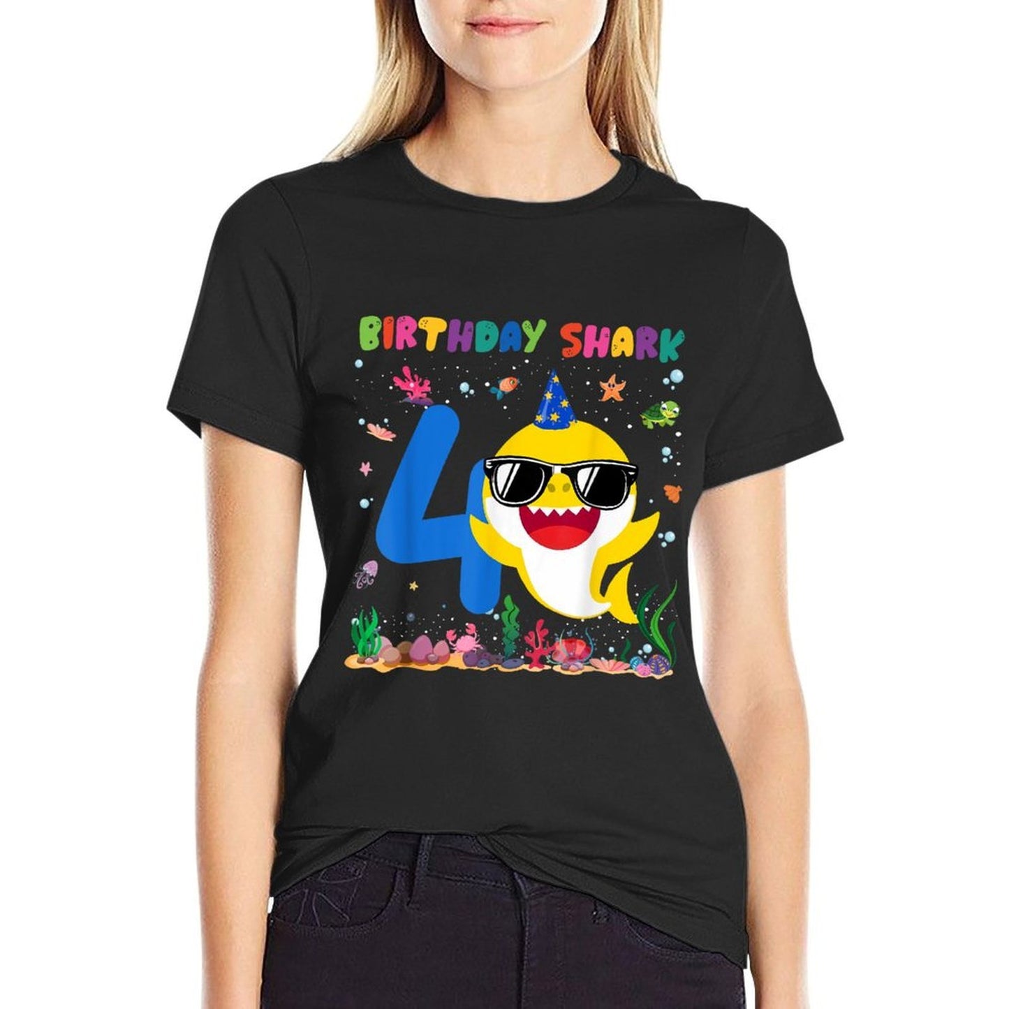 4 Year Old Birthday Shark 4th Toddlers Birthday Boy Girl Wrinkle-resistant T-Shirt